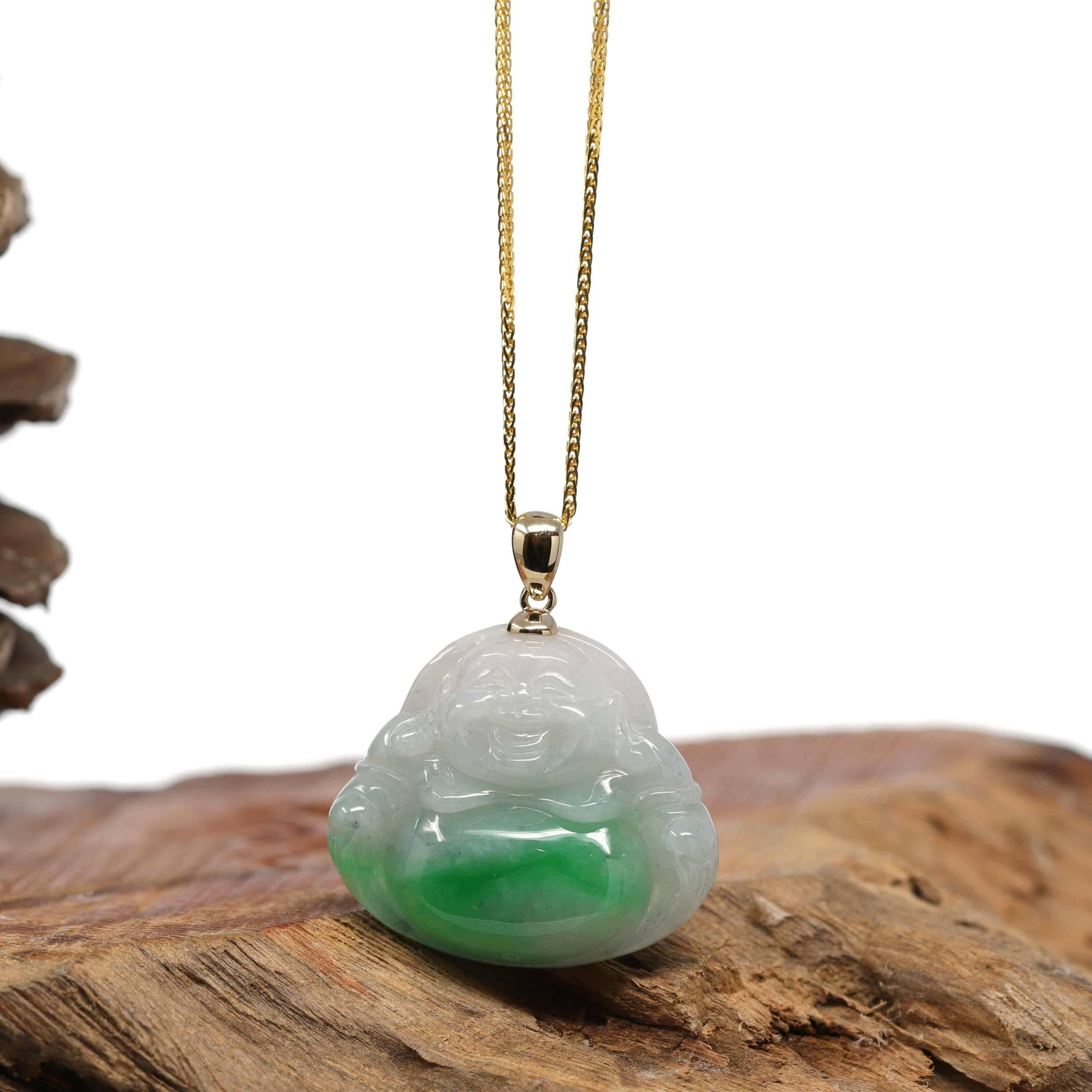 "Laughing Buddha" Rich Green Jadeite Jade Necklace with 14k Yellow Gold Bail