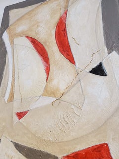 Petite peinture abstraite à la technique mixte rouge, grise et beige « Laughter » sur toile