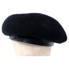 Laulhere Black French Merino Wool Beret With Snakeskin Leather Band