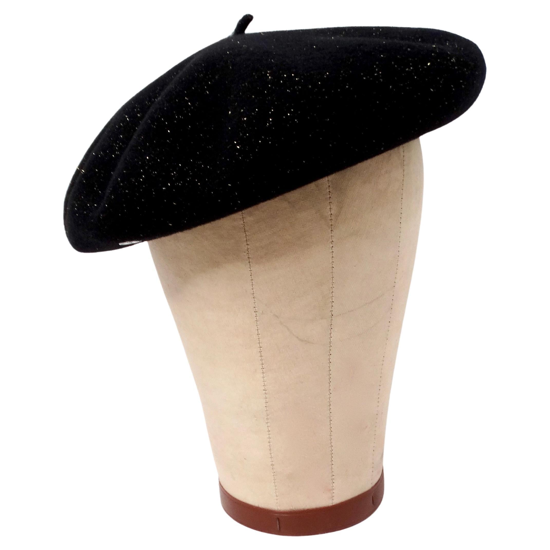Laulhere Black & Gold French Merino Wool Beret With Calfskin Leather Band In Good Condition For Sale In Scottsdale, AZ