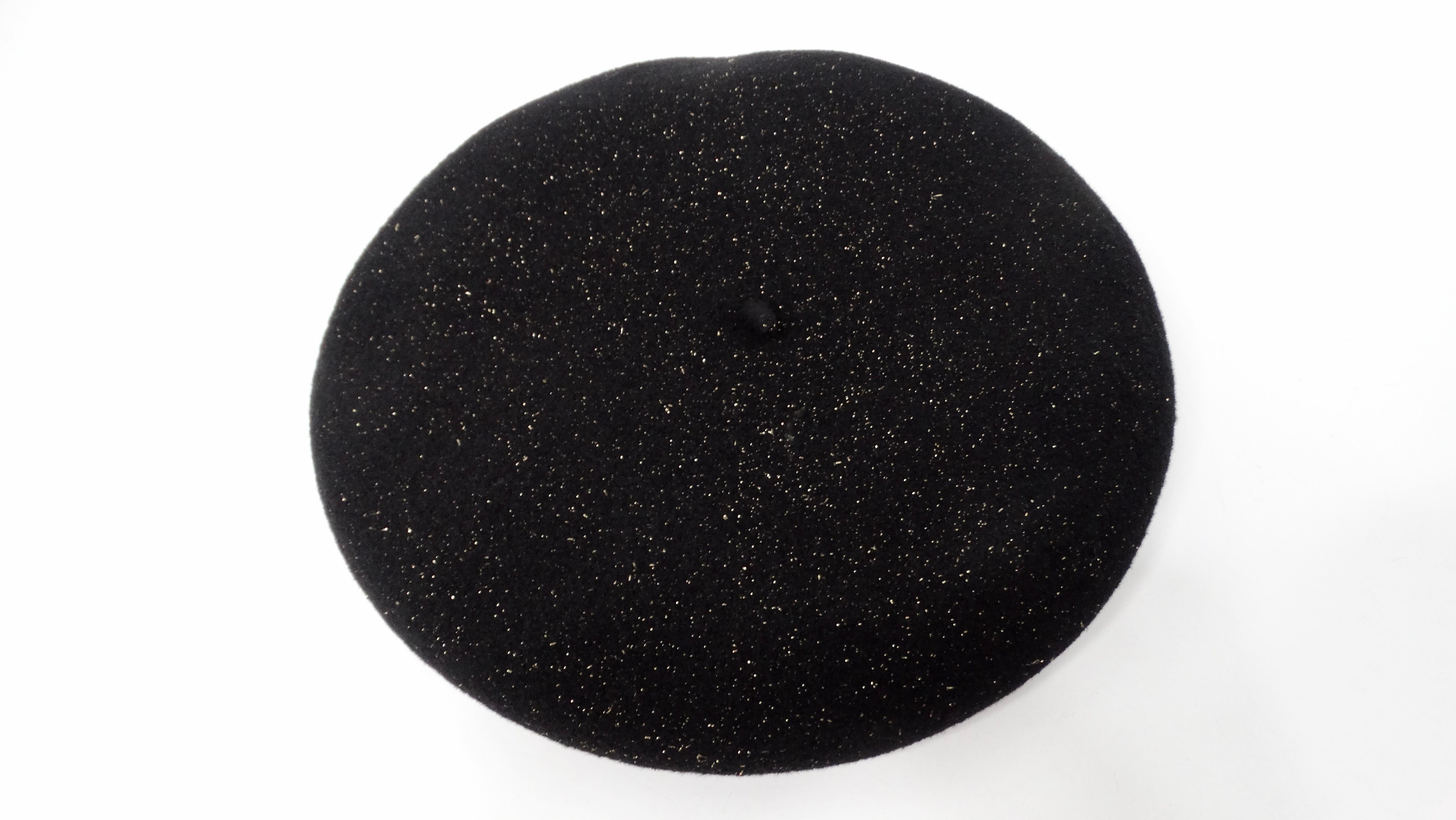 Women's Laulhere Black & Gold French Merino Wool Beret With Calfskin Leather Band For Sale