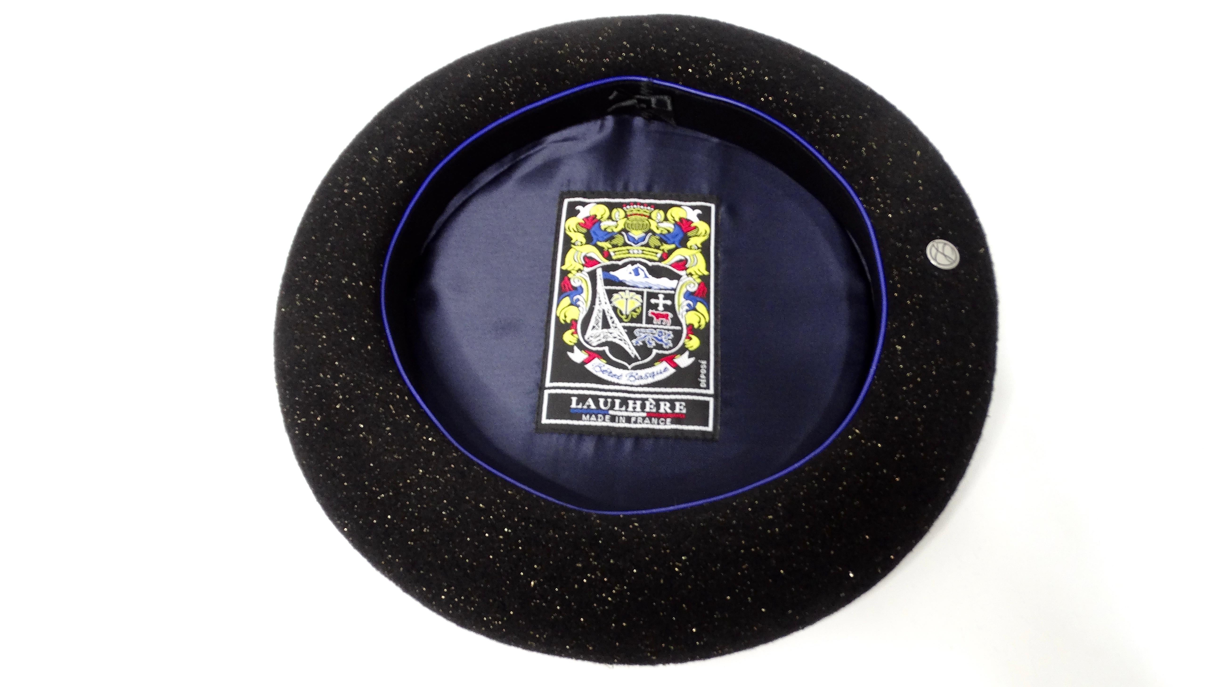 Laulhere Black & Gold French Merino Wool Beret With Calfskin Leather Band For Sale 1