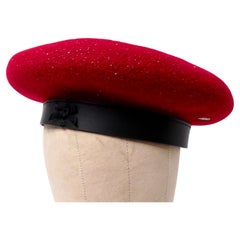 Laulhere Cherry Red Shimmer French Merino Wool Beret With Calfskin Leather Band