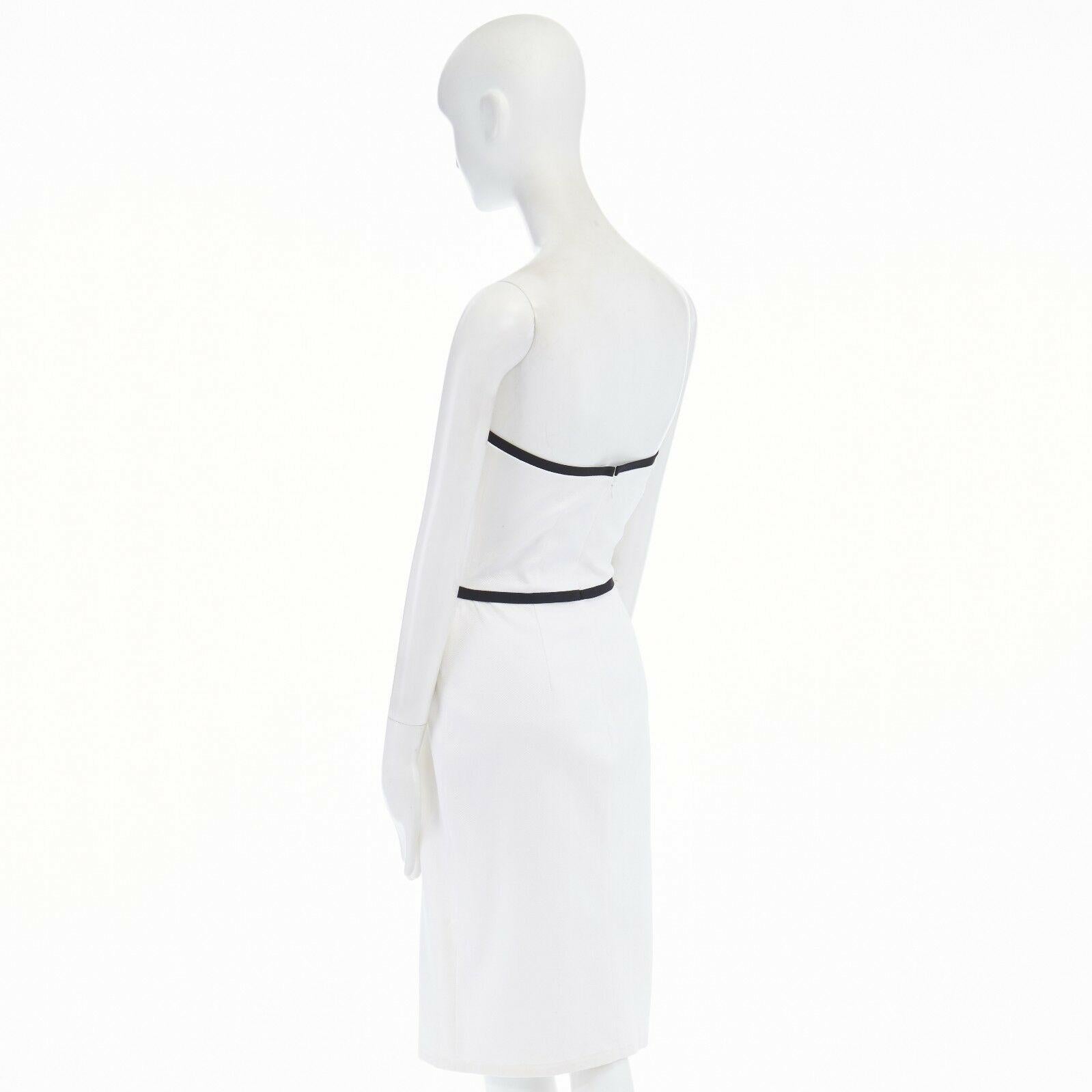 LAUNDRY SHELLI SEGAL white cotton black bow trim  strapless cocktail dress US6 M In Good Condition In Hong Kong, NT