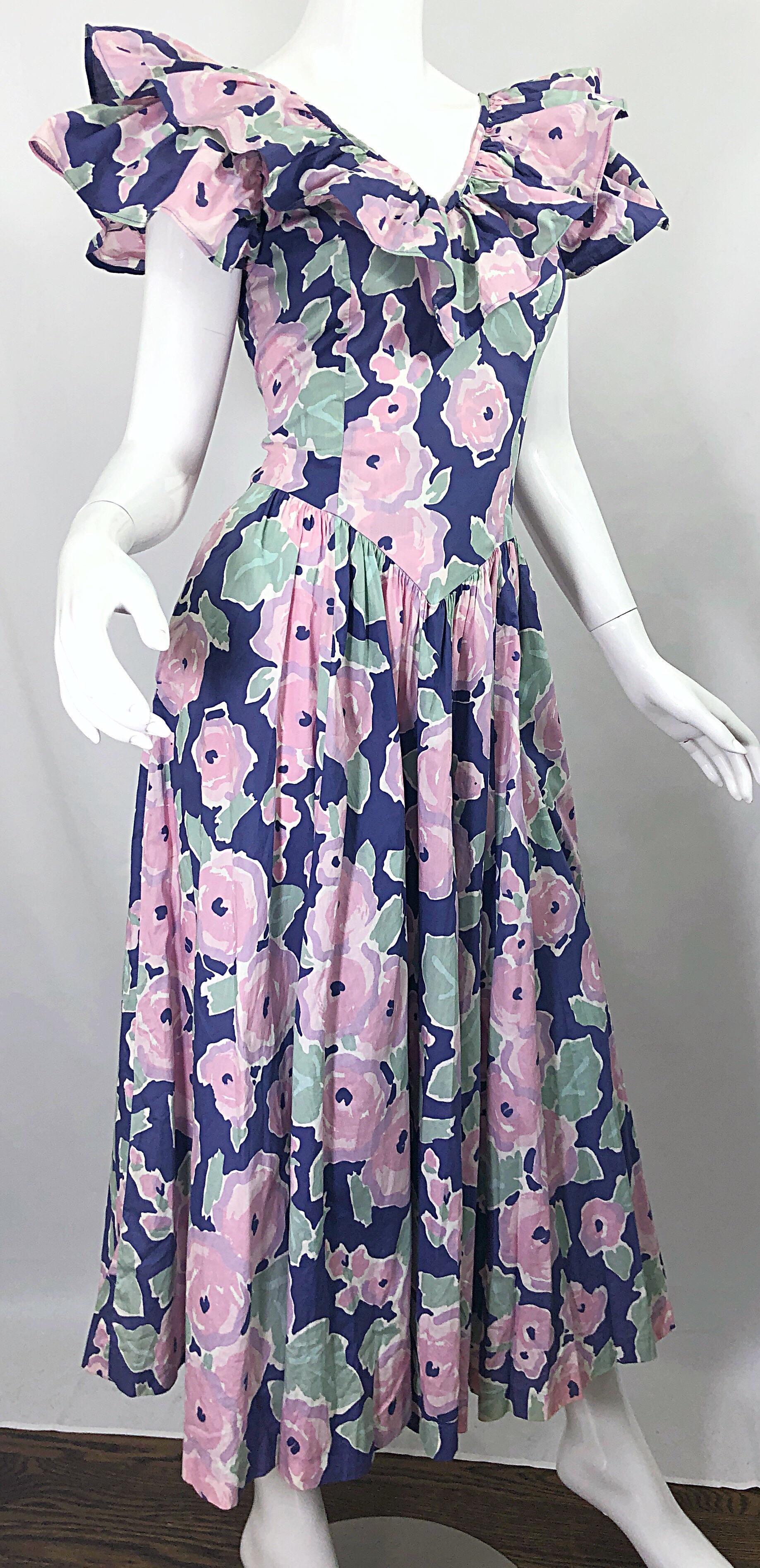 Laura Ashley Batsheva 80s Sz 6 Purple Pink Avant Garde Vintage Floral Midi Dress For Sale 3