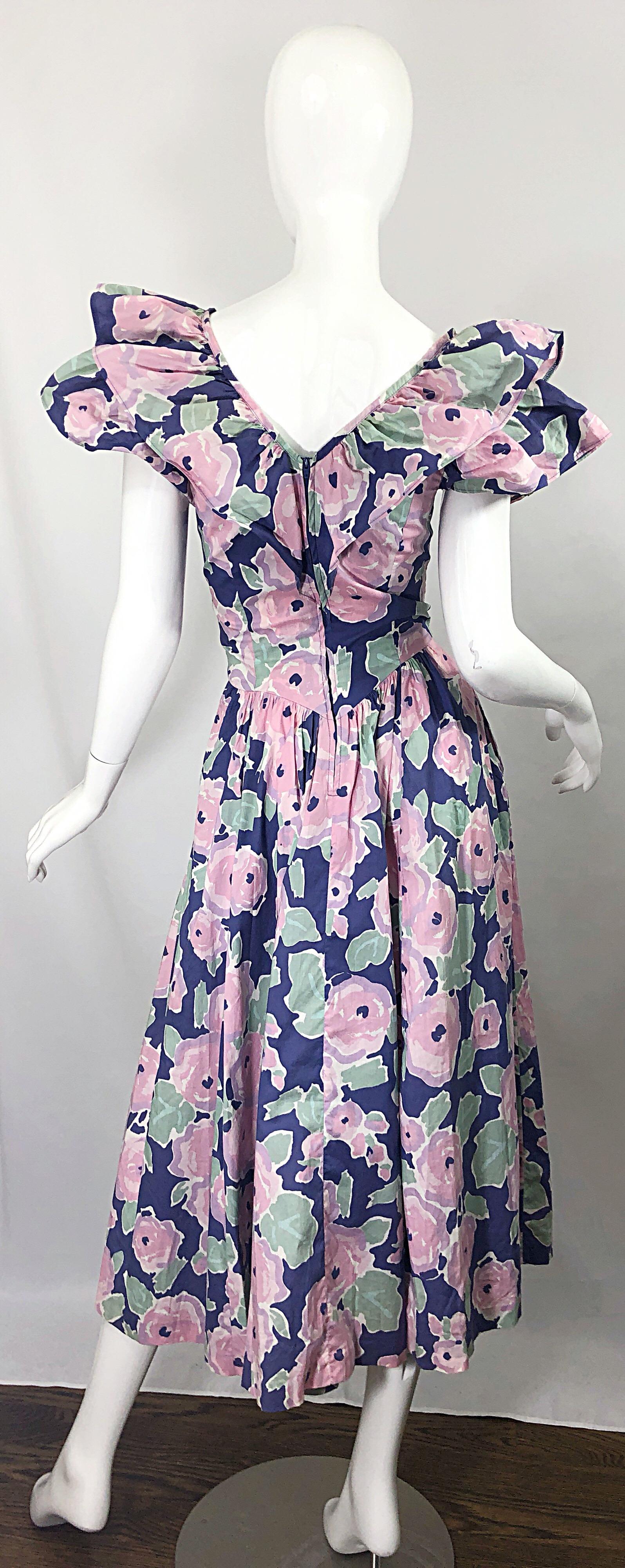 Laura Ashley Batsheva 80s Sz 6 Purple Pink Avant Garde Vintage Floral Midi Dress For Sale 4