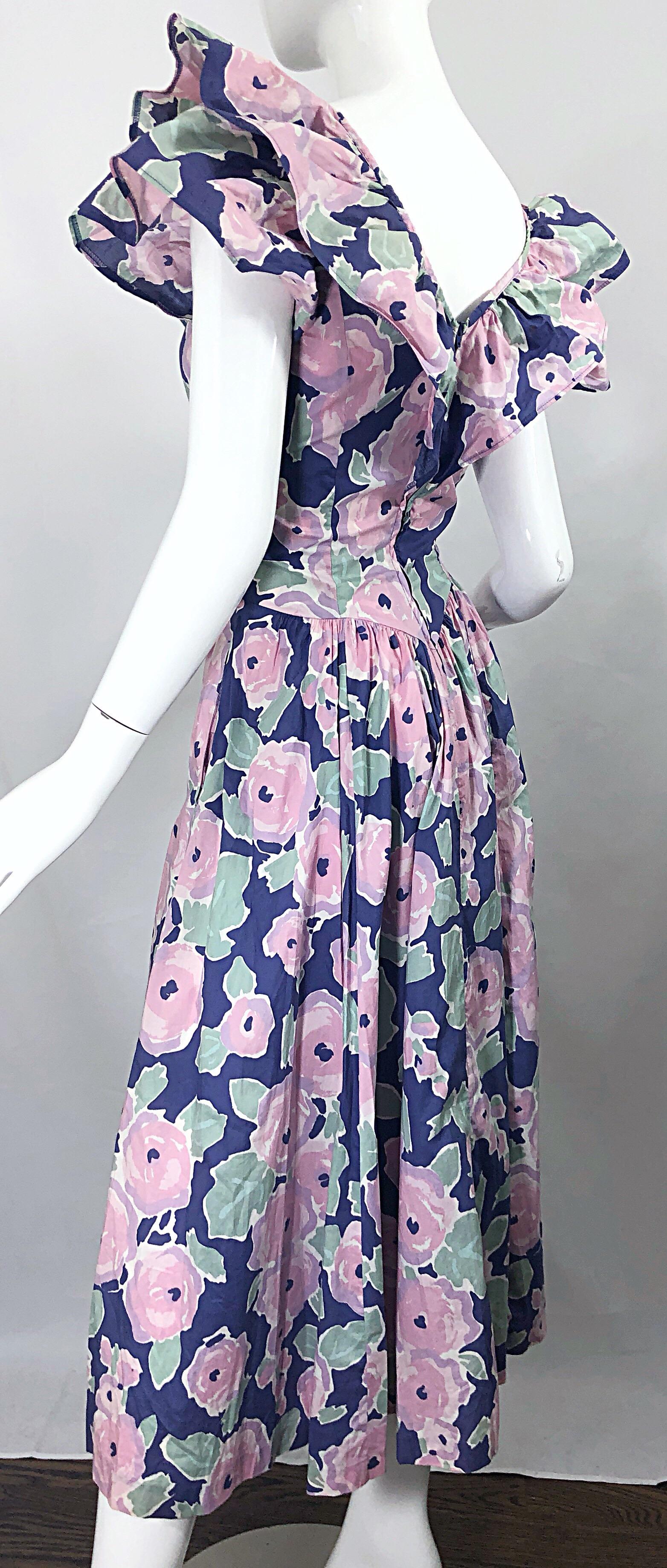 Laura Ashley Batsheva 80s Sz 6 Viola Rosa Avant Garde Vintage Floral Midi Dress in vendita 8