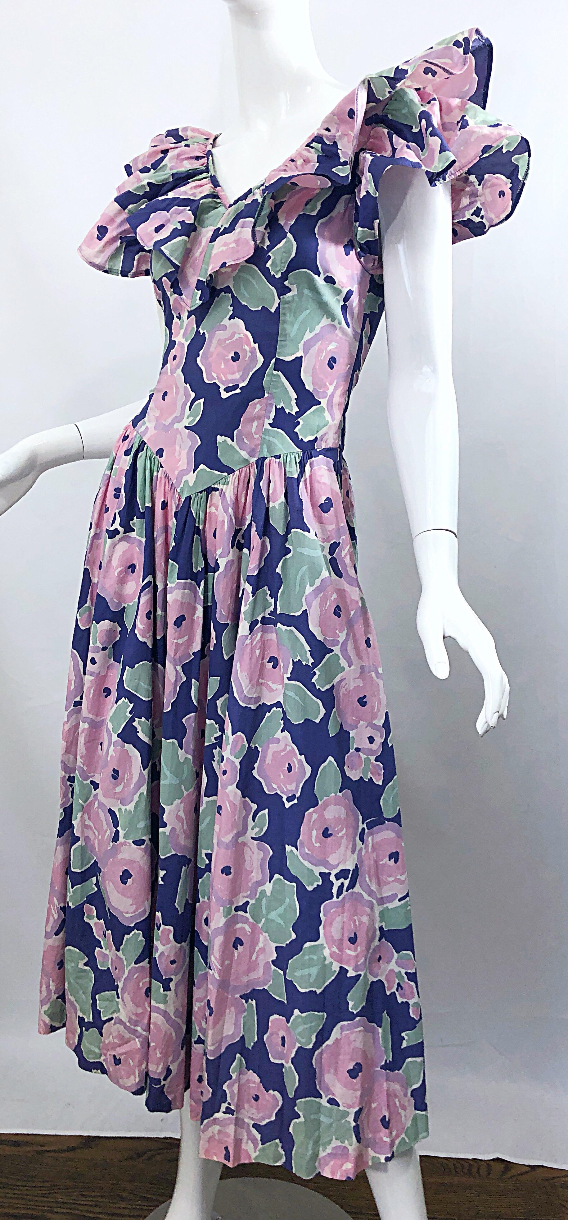 Laura Ashley Batsheva 80s Sz 6 Viola Rosa Avant Garde Vintage Floral Midi Dress in vendita 9