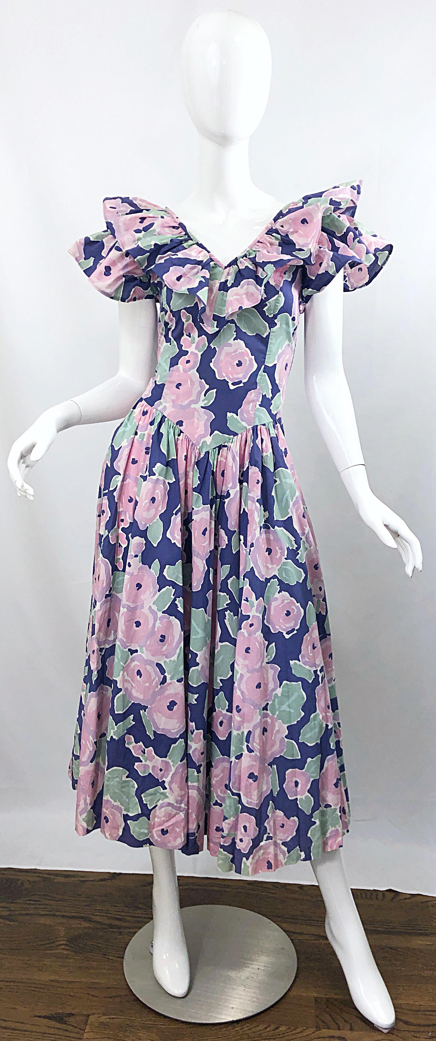 Laura Ashley Batsheva 80s Sz 6 Purple Pink Avant Garde Vintage Floral Midi Dress For Sale 7