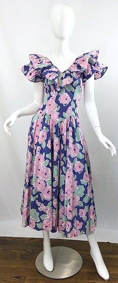 Robe mi-longue Laura Ashley Batsheva à fleurs vintage avant-garde rose pourpre, années 1980, taille 6