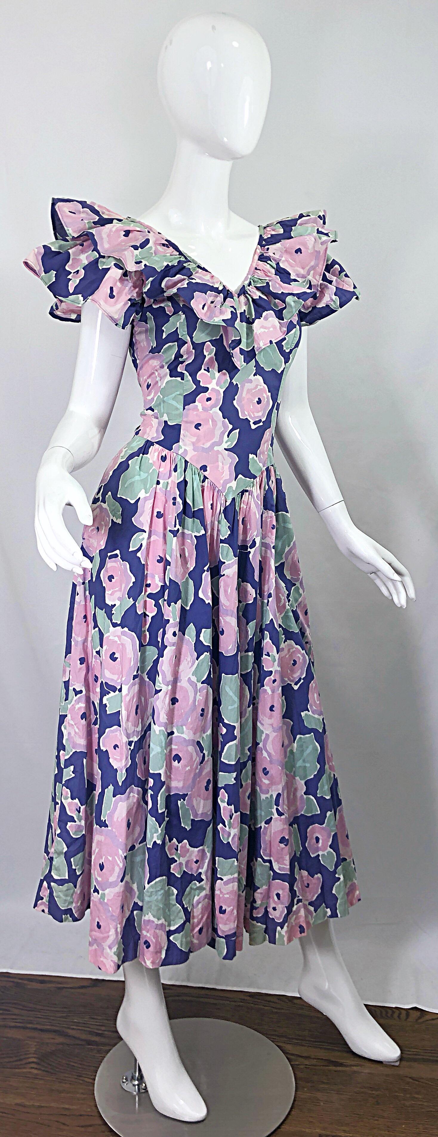Gray Laura Ashley Batsheva 80s Sz 6 Purple Pink Avant Garde Vintage Floral Midi Dress For Sale