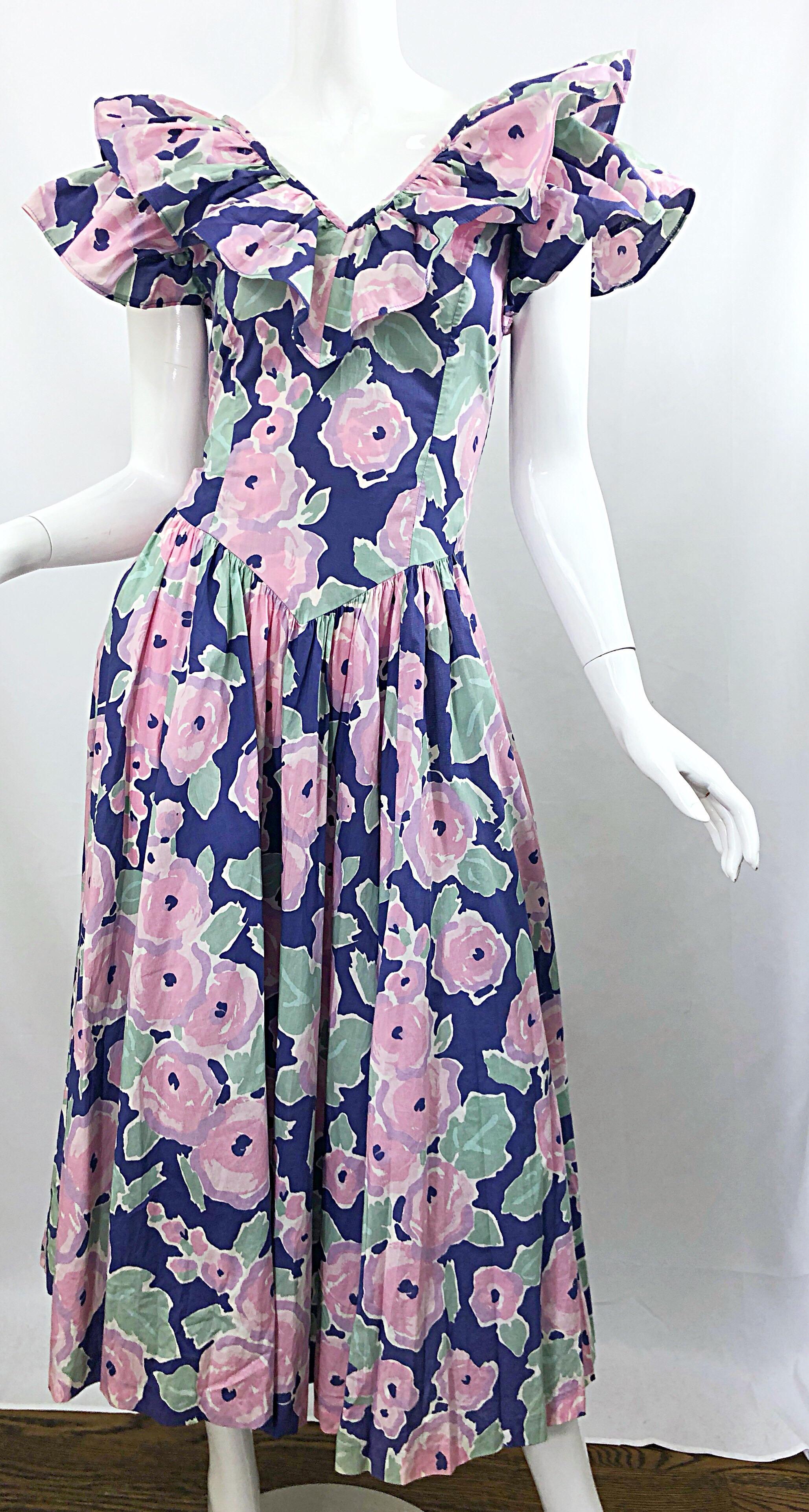 Women's Laura Ashley Batsheva 80s Sz 6 Purple Pink Avant Garde Vintage Floral Midi Dress For Sale