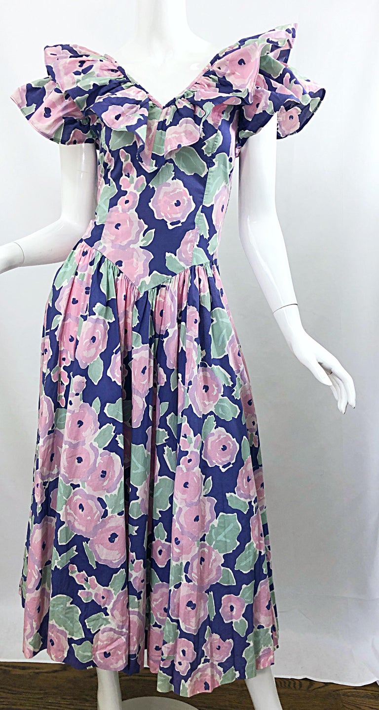 Laura Ashley Batsheva 80s Sz 6 Purple Pink Avant Garde Vintage Floral Midi Dress For Sale 3