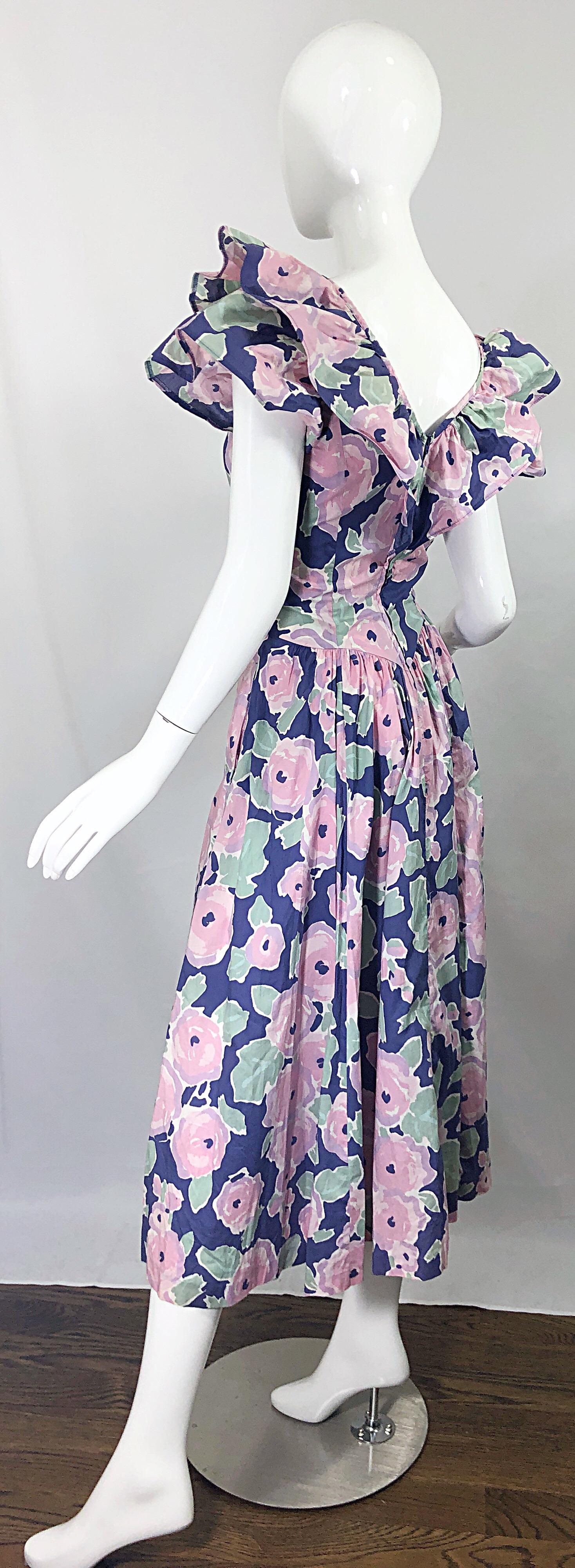 Laura Ashley Batsheva 80s Sz 6 Purple Pink Avant Garde Vintage Floral Midi Dress For Sale 1
