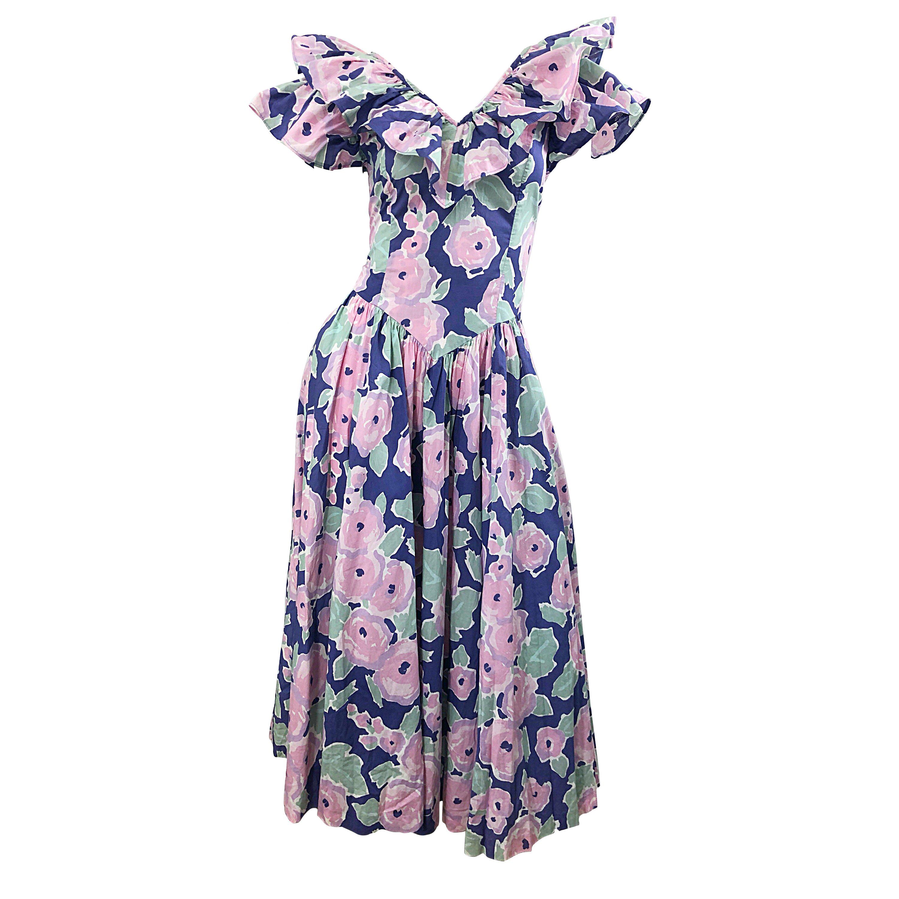 Laura Ashley Batsheva 80s Sz 6 Purple Pink Avant Garde Vintage Floral Midi Dress For Sale