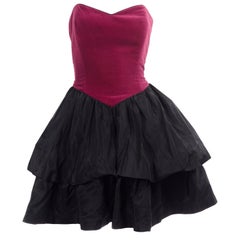 Laura Ashley 1980s Used Strapless Red Velvet & Black Taffeta Evening Dress