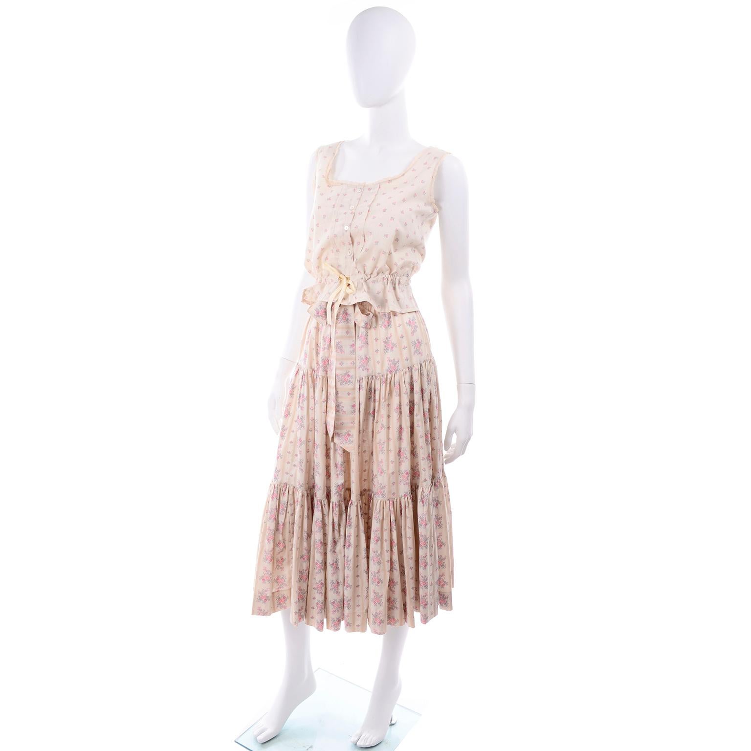 Beige Laura Ashley Edwardian Inspired Vintage Great Britain Floral Top & Ruffled Skirt