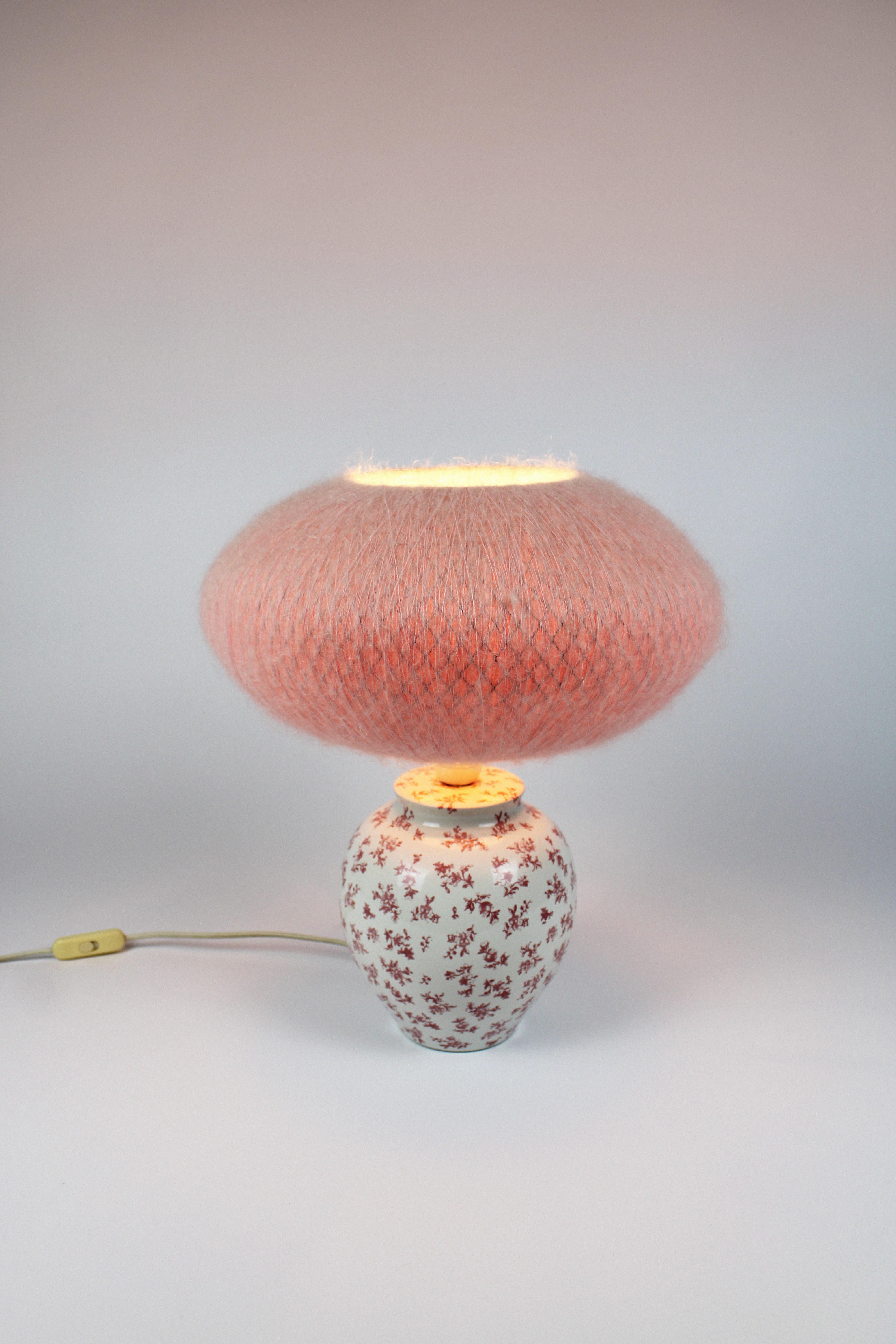 Biedermeier Laura Ashley Table Lamp Porcelain Wool Salmon Pink 1970's UK For Sale