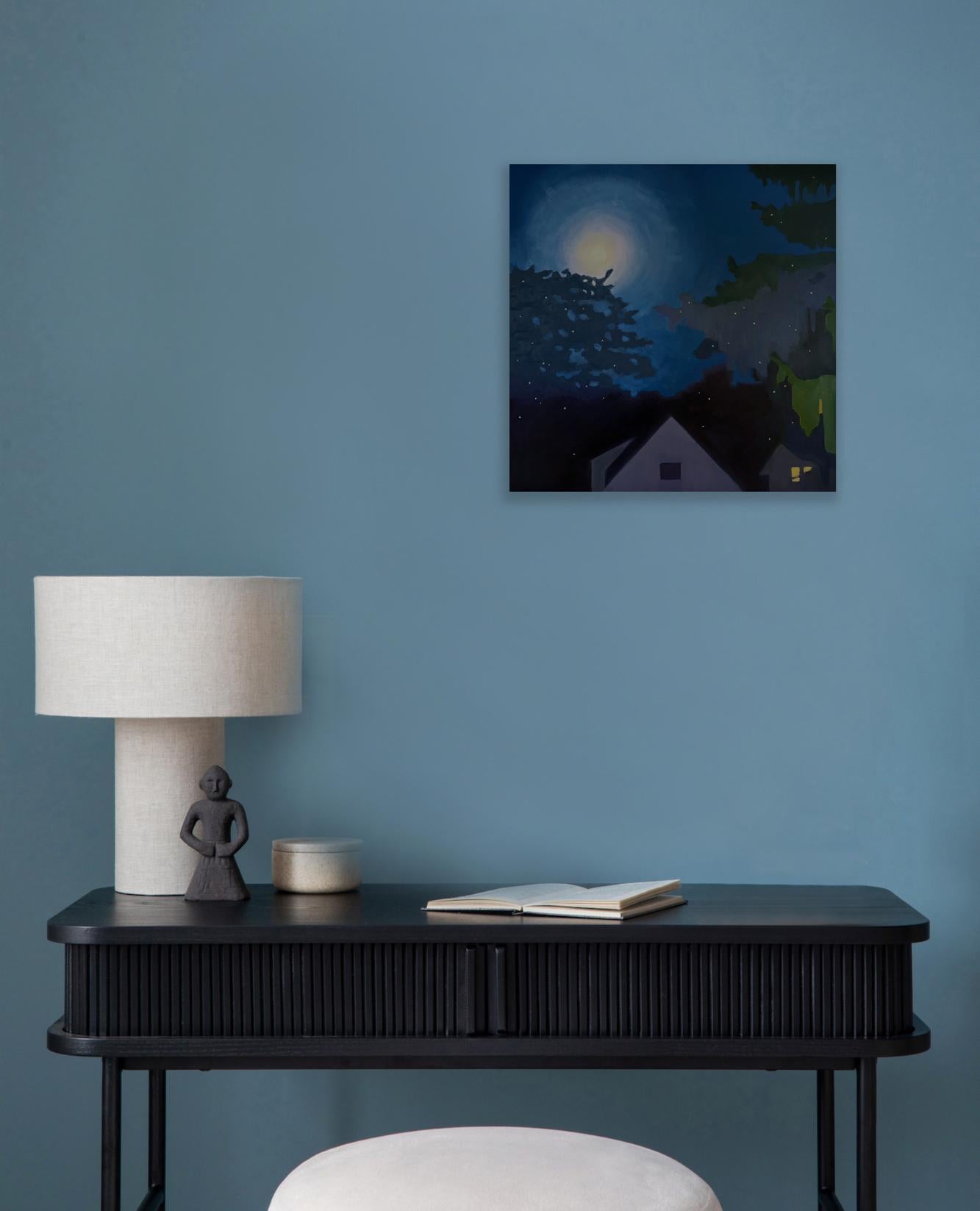 Luna Luciérnaga - Cielo Nocturno Iluminado por la Luna Casas Luciérnagas Paisaje Arbolado, 2025 - Painting de Laura Barr