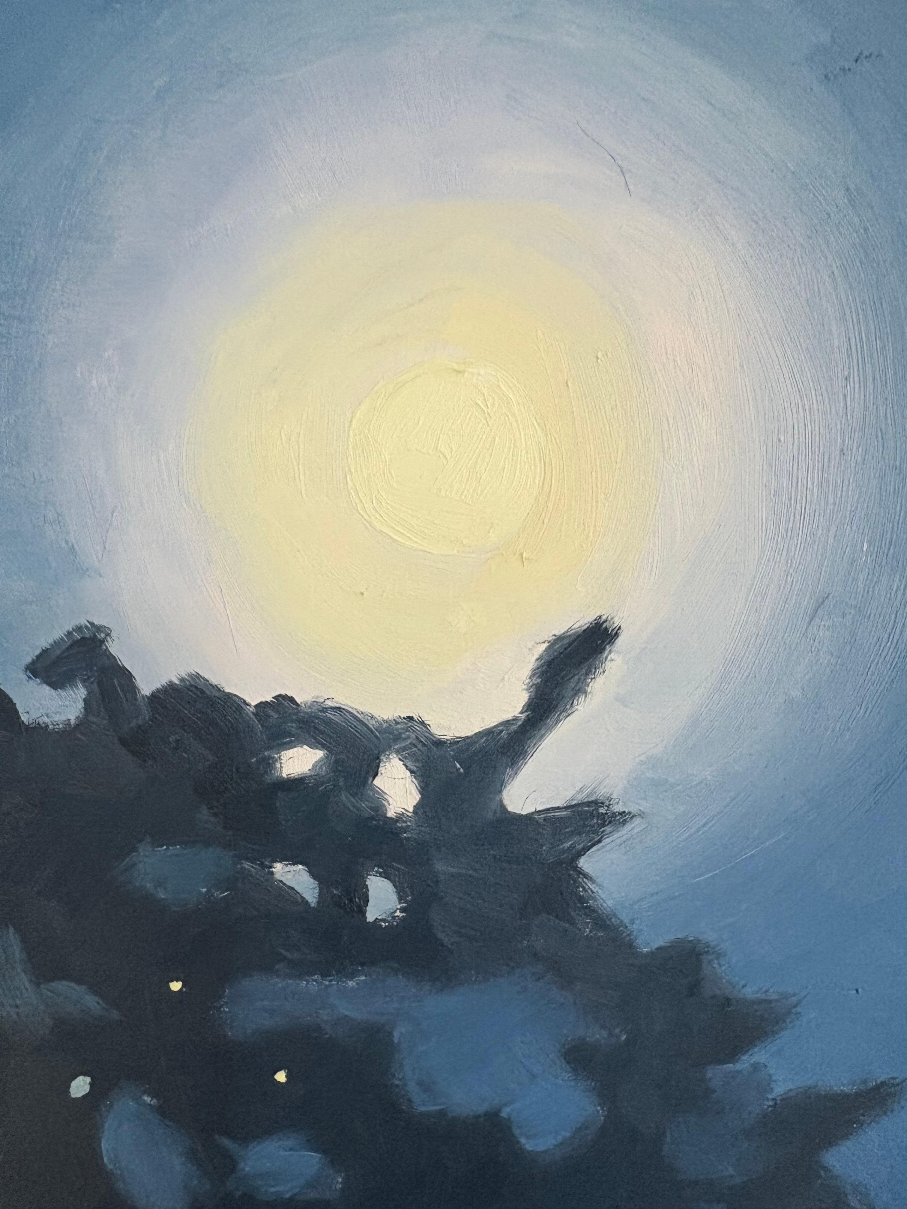 Luna Luciérnaga - Cielo Nocturno Iluminado por la Luna Casas Luciérnagas Paisaje Arbolado, 2025 - Painting Contemporáneo de Laura Barr