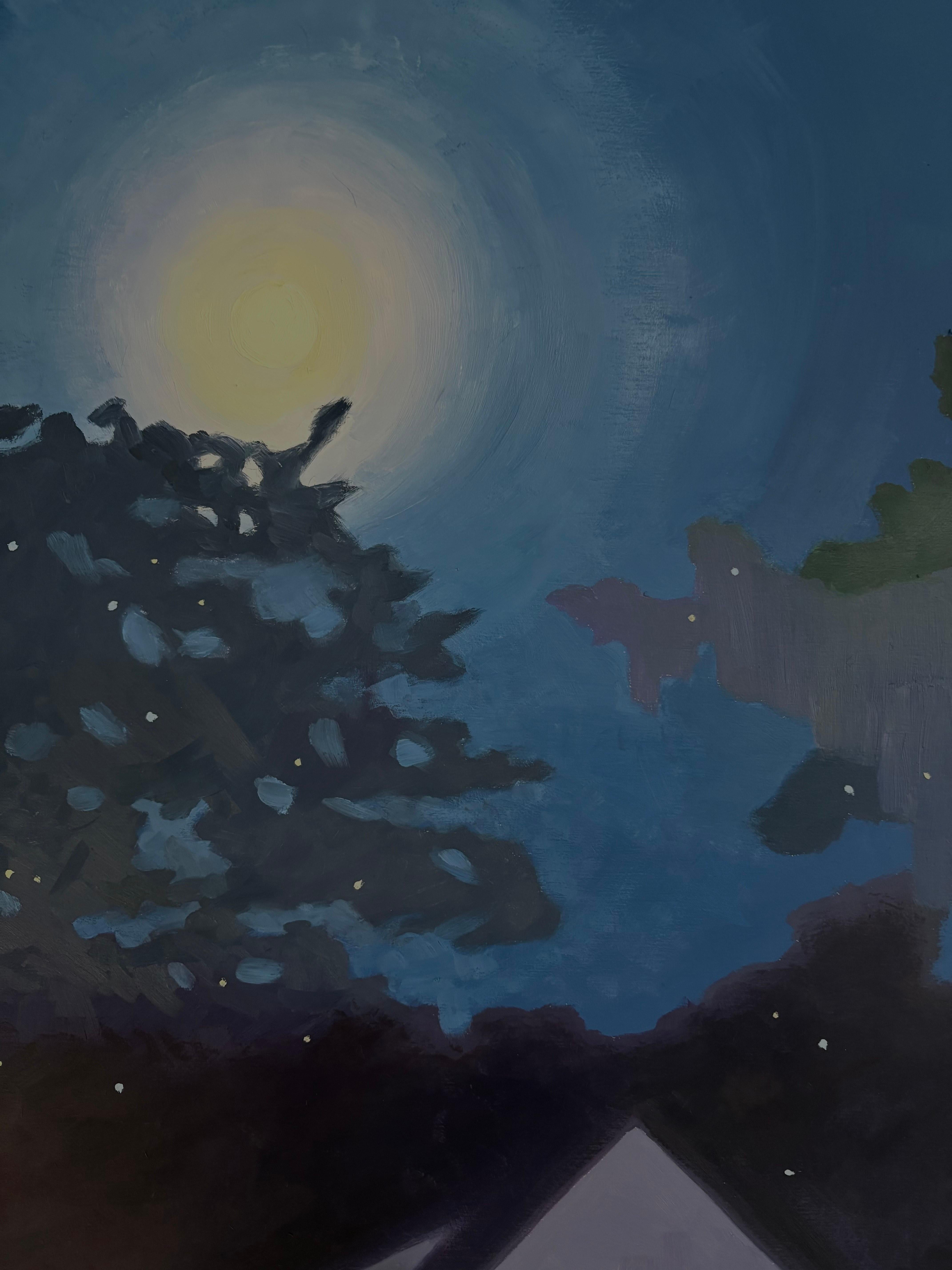 Luna Luciérnaga - Cielo Nocturno Iluminado por la Luna Casas Luciérnagas Paisaje Arbolado, 2025 - Landscape Painting Negro de Laura Barr