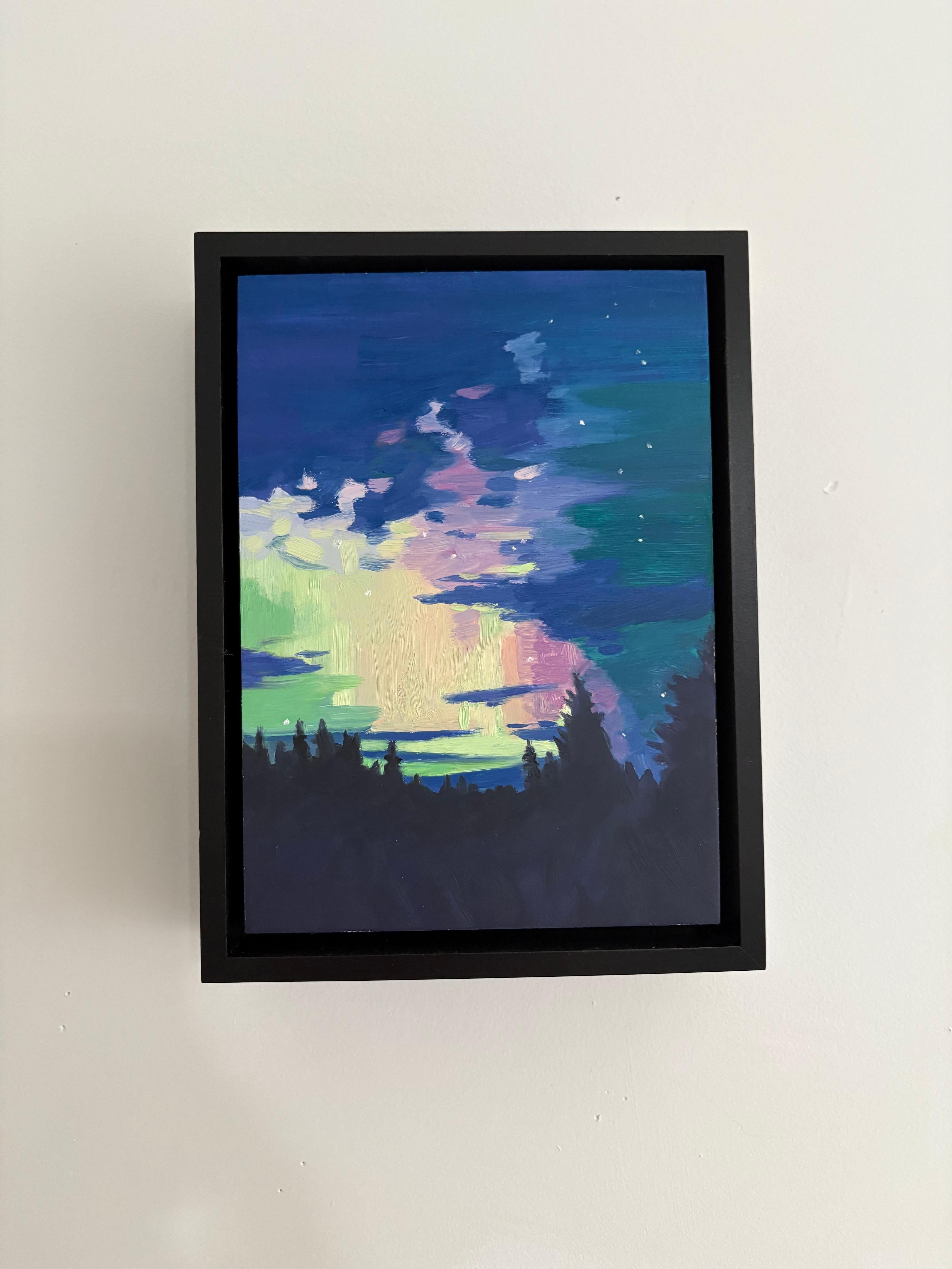 Look Up Northern Lights 18 - Cielo notturno Aurora Boreale Paesaggio forestale, 2025 - Painting di Laura Barr