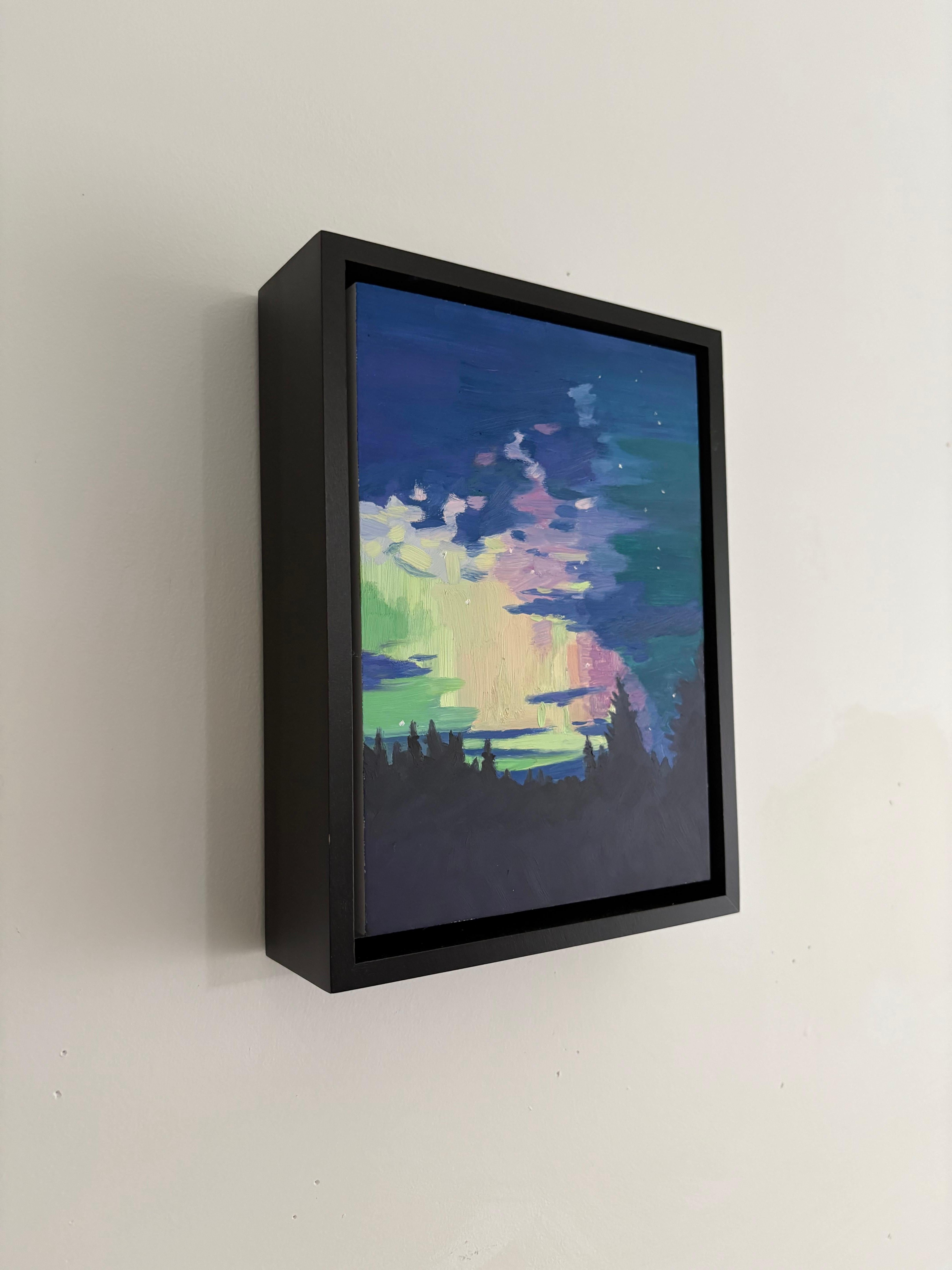 Look Up Northern Lights 18 - Cielo notturno Aurora Boreale Paesaggio forestale, 2025 - Landscape Painting Viola di Laura Barr