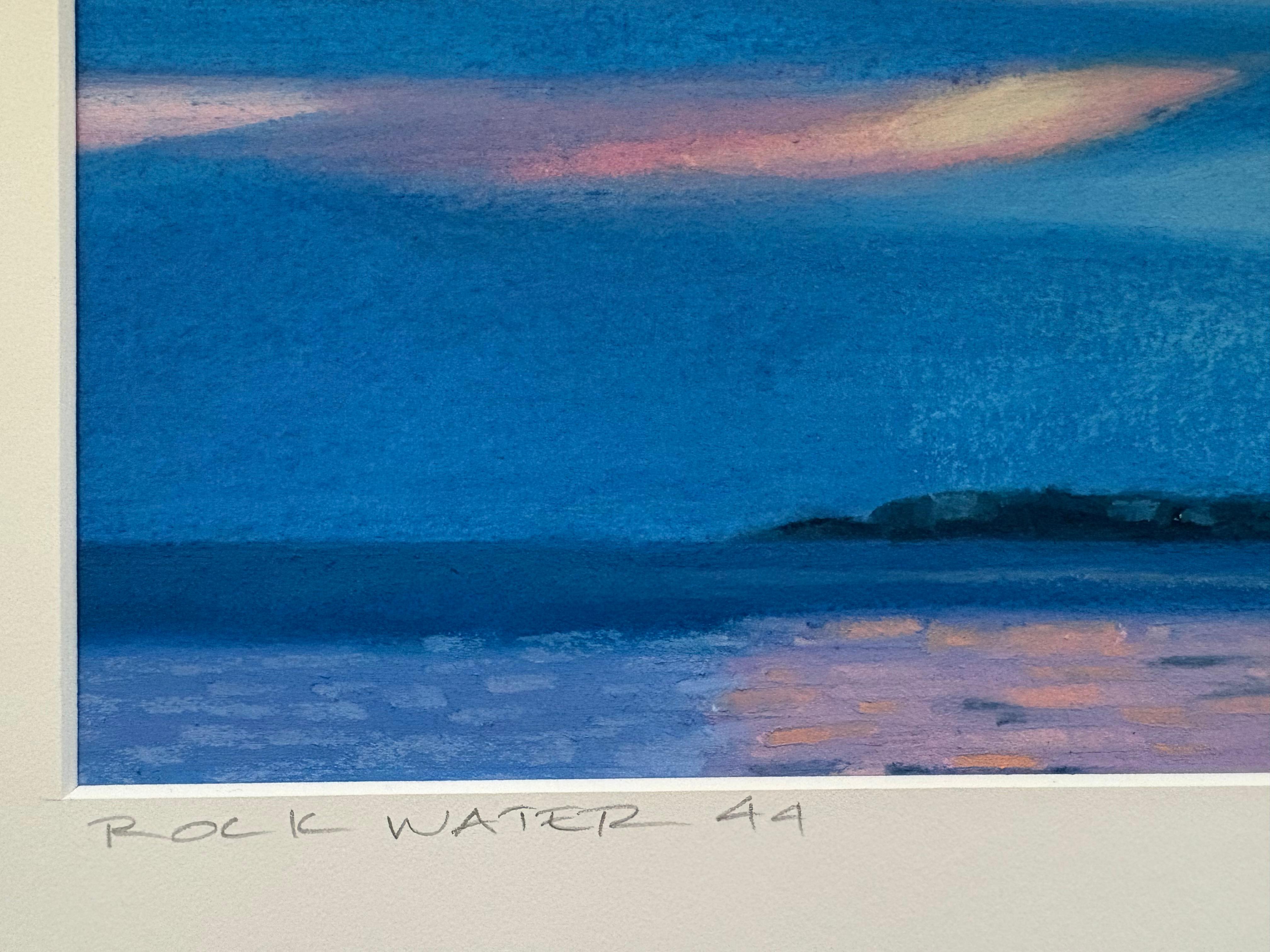In this contemporary landscape drawing in oil pastel on archival BFK Rives paper, a serene sky at dusk reflects on the rippling water.

6 x 9 inches (unframed), 11 x 14 inches (matted with archival mat and framed in a Nielsen painted white metal