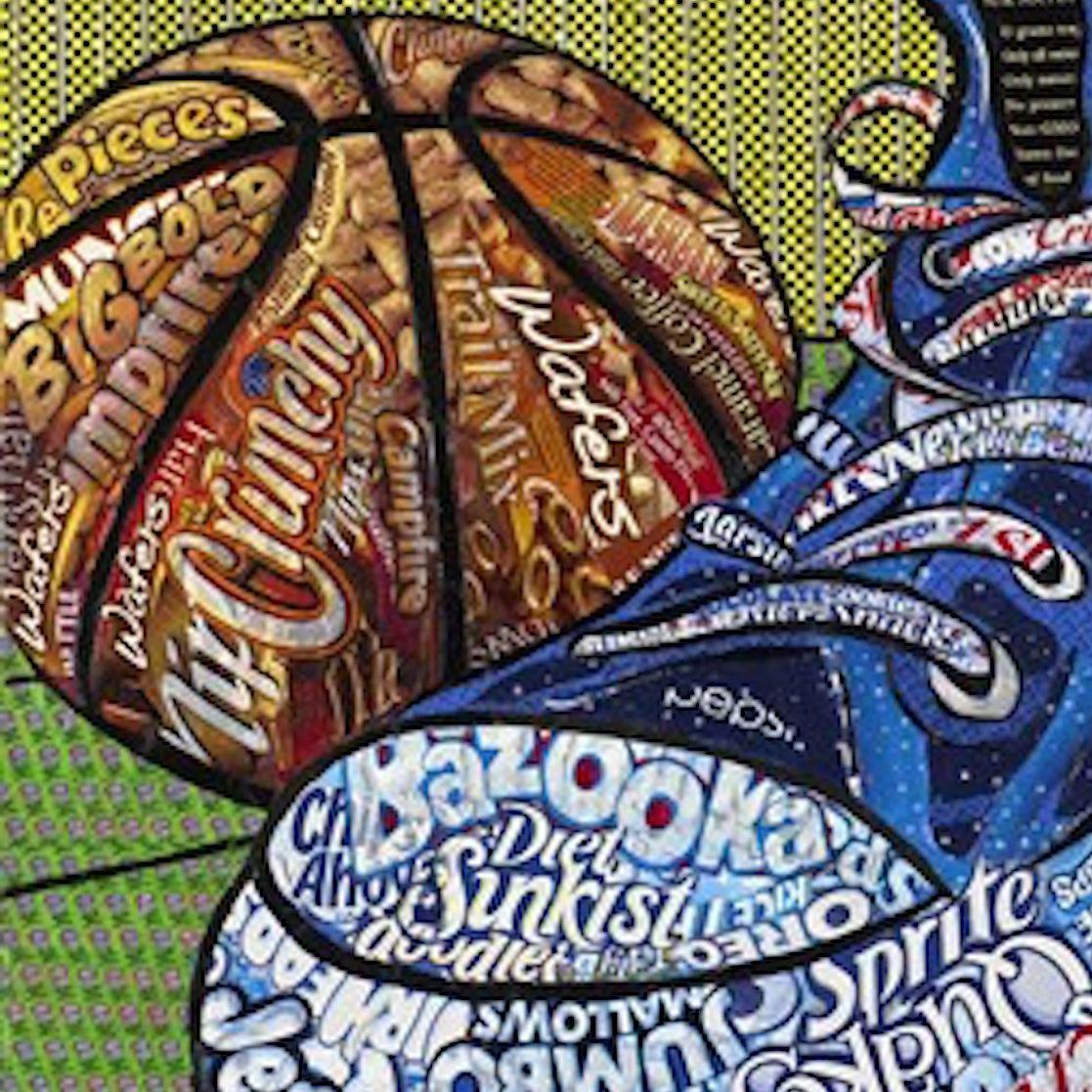 Original. Teil der Candy Wrapper Collage Serie im Pop Art Stil.  Rahmen aus Naturholz.  Eine Hommage an den Turnschuh und seinen Kumpel, den Baseball.  

Über den Künstler:

Benjamin erhielt ihren Bachelor-Abschluss in Bildenden Künsten von der