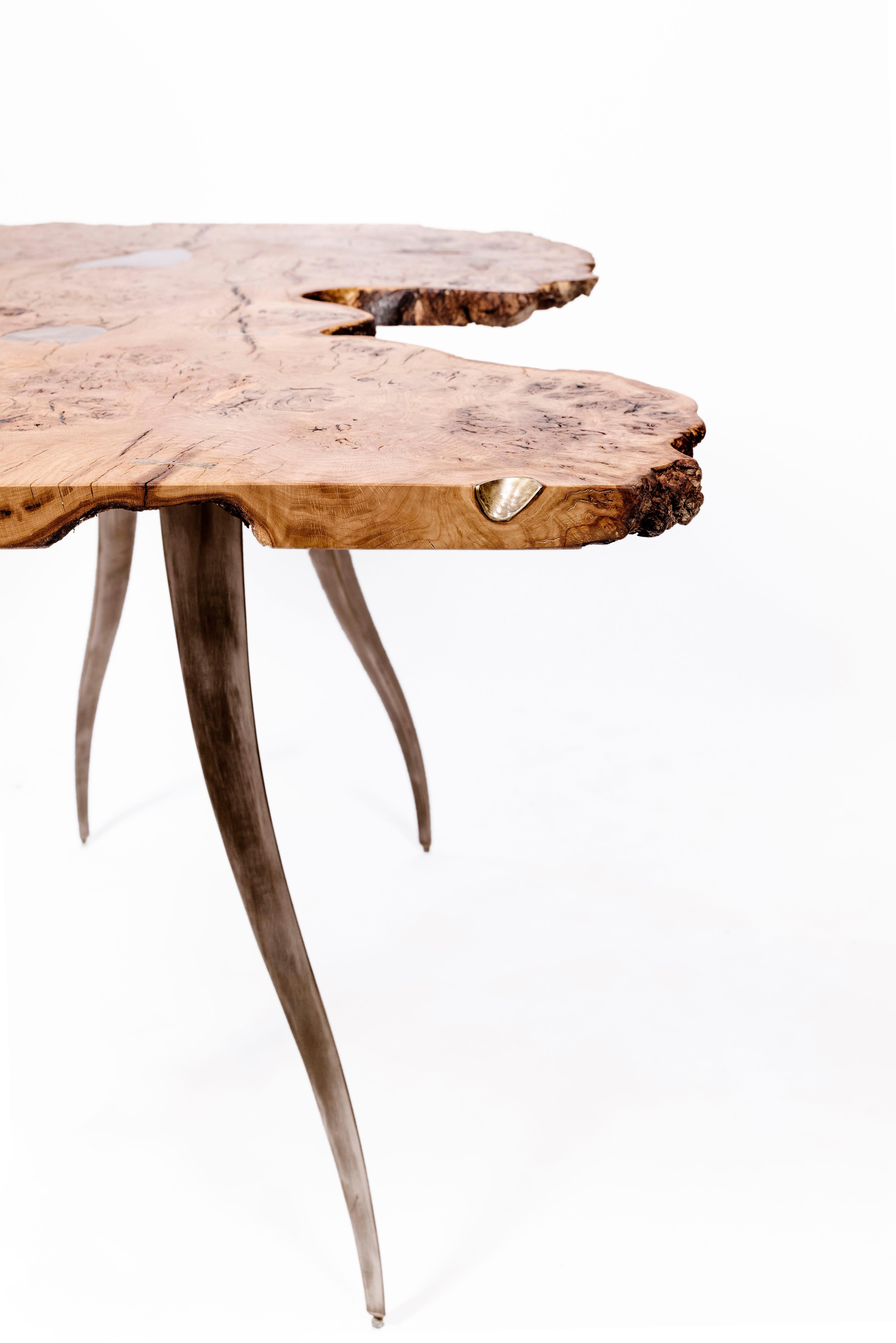 Scandinavian Modern Laura Bergsøe Table in Wild Danish Oak and Brass For Sale