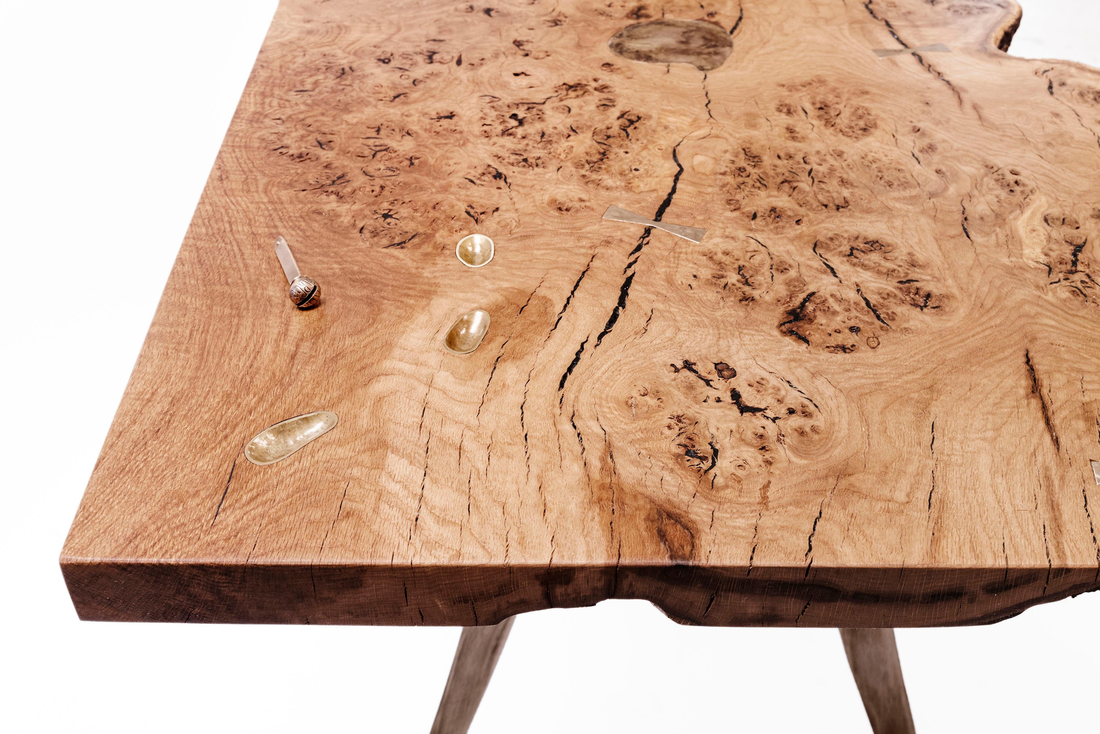Hand-Crafted Laura Bergsøe Table in Wild Danish Oak and Brass For Sale