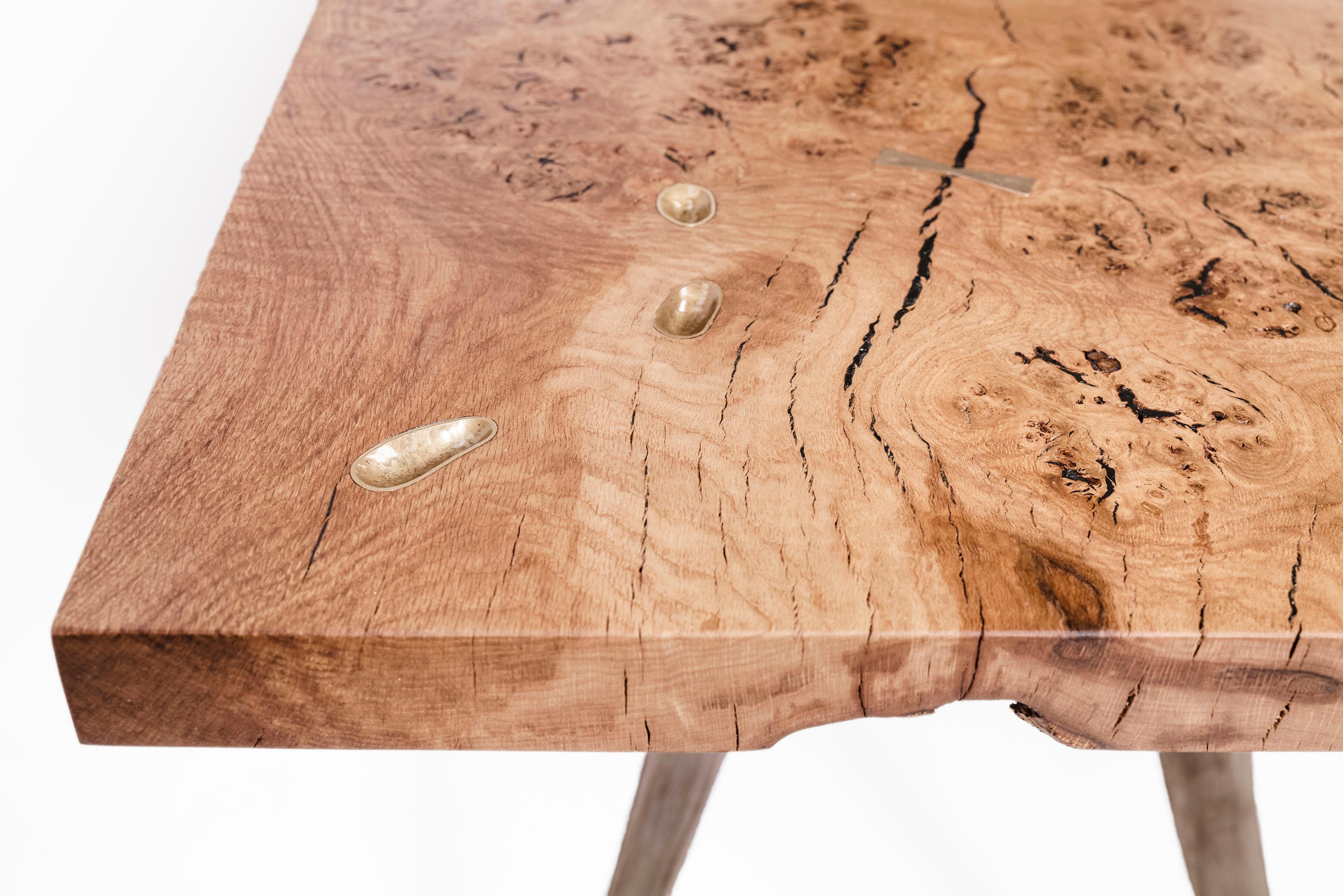 Contemporary Laura Bergsøe Table in Wild Danish Oak and Brass For Sale