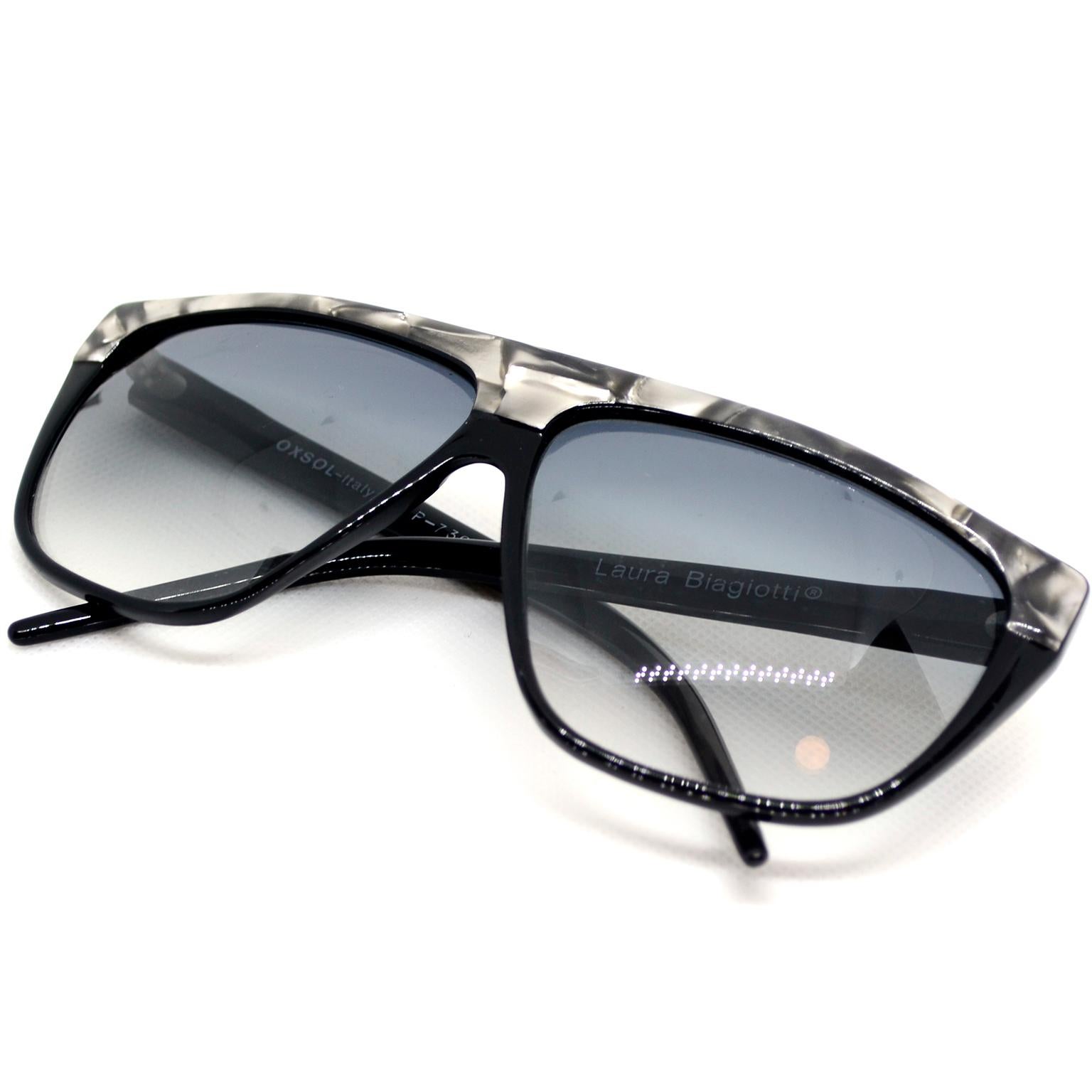 Laura Biagiotti Black and Silver Marbled Vintage Sunglasses In Good Condition In Portland, OR