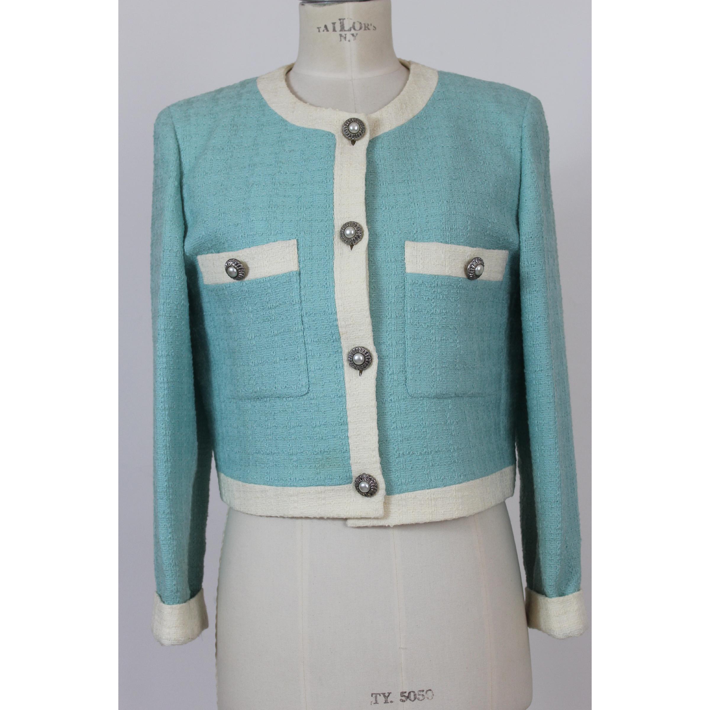 Women's Laura Biagiotti Blue Wool Boucle Suit Skirt And Jacket 1980s