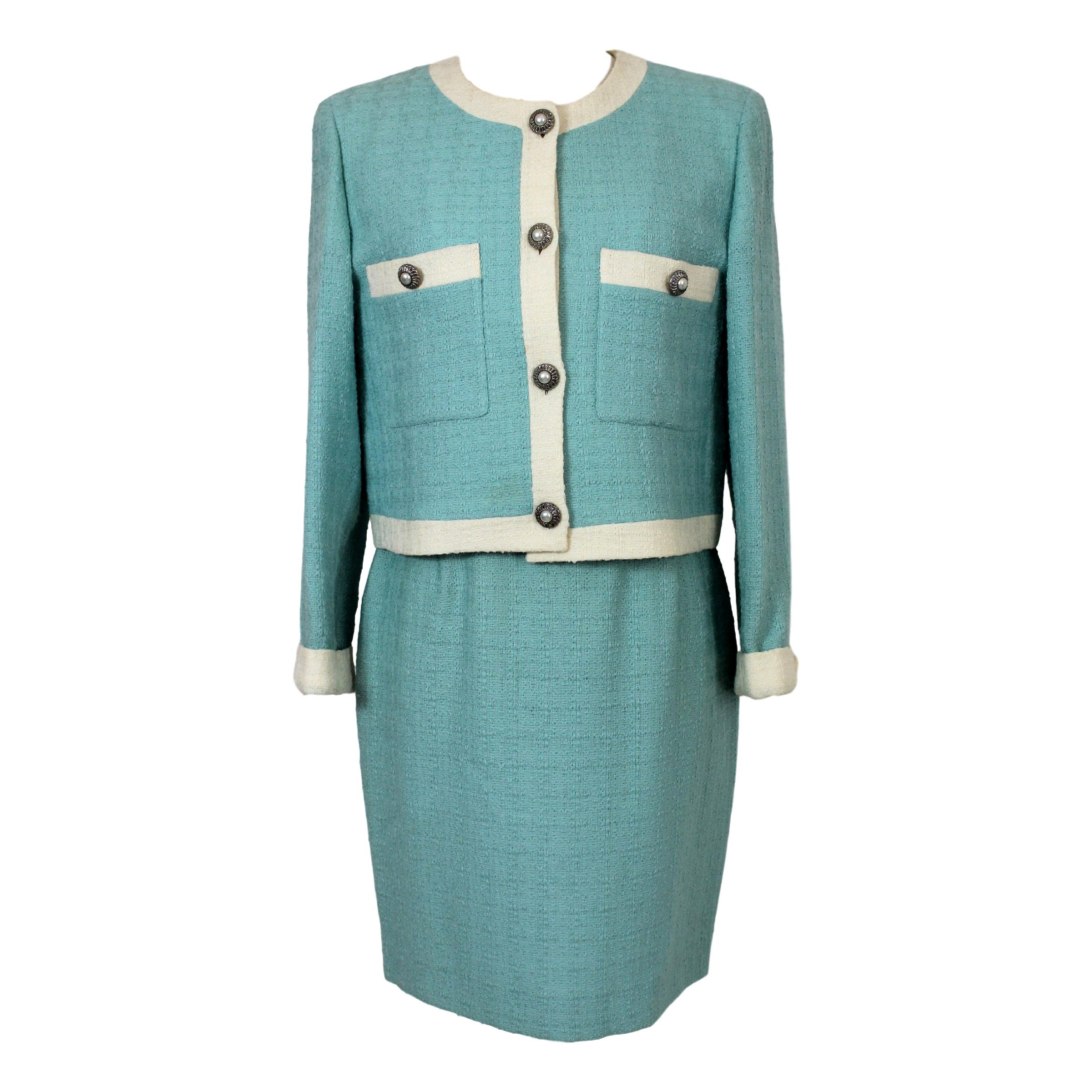Laura Biagiotti Blue Wool Boucle Suit Skirt And Jacket 1980s