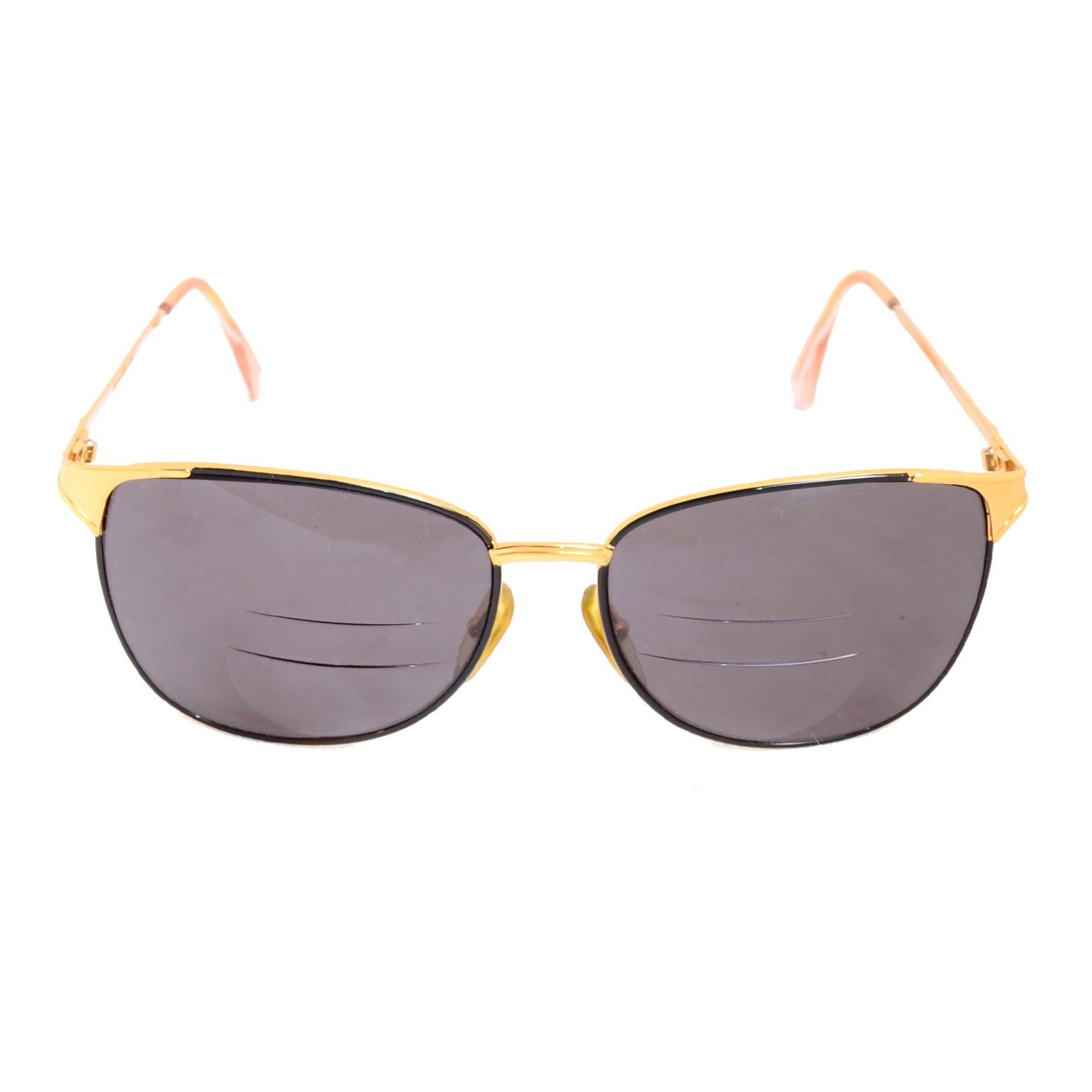 These are lovely Laura Biagiotti gold rim sunglasses.  The lenses are prescription so you would need to have them changed to fit your personal need - either with regular sunglass lenses or your own prescription.  Marked:  T 601/6 PO5 Made in Italy