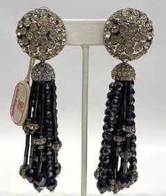 Laura Biagiotti Rhinstone and Black Beads Tassel Earrings