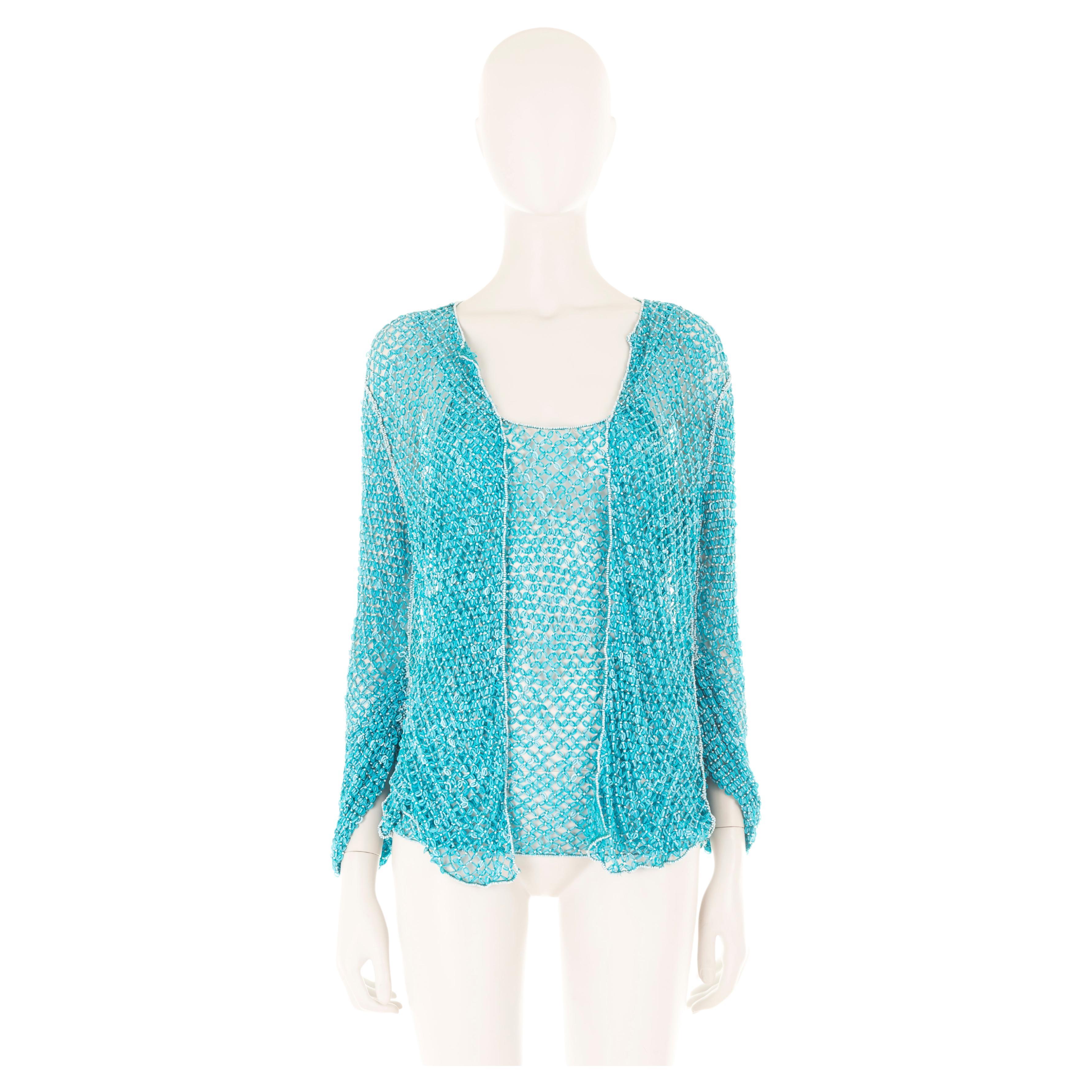- Beaded fishnet twinset (cardigan+top)
- Blue and white beads
- Puckered sleeves
- Size label removed, fits S