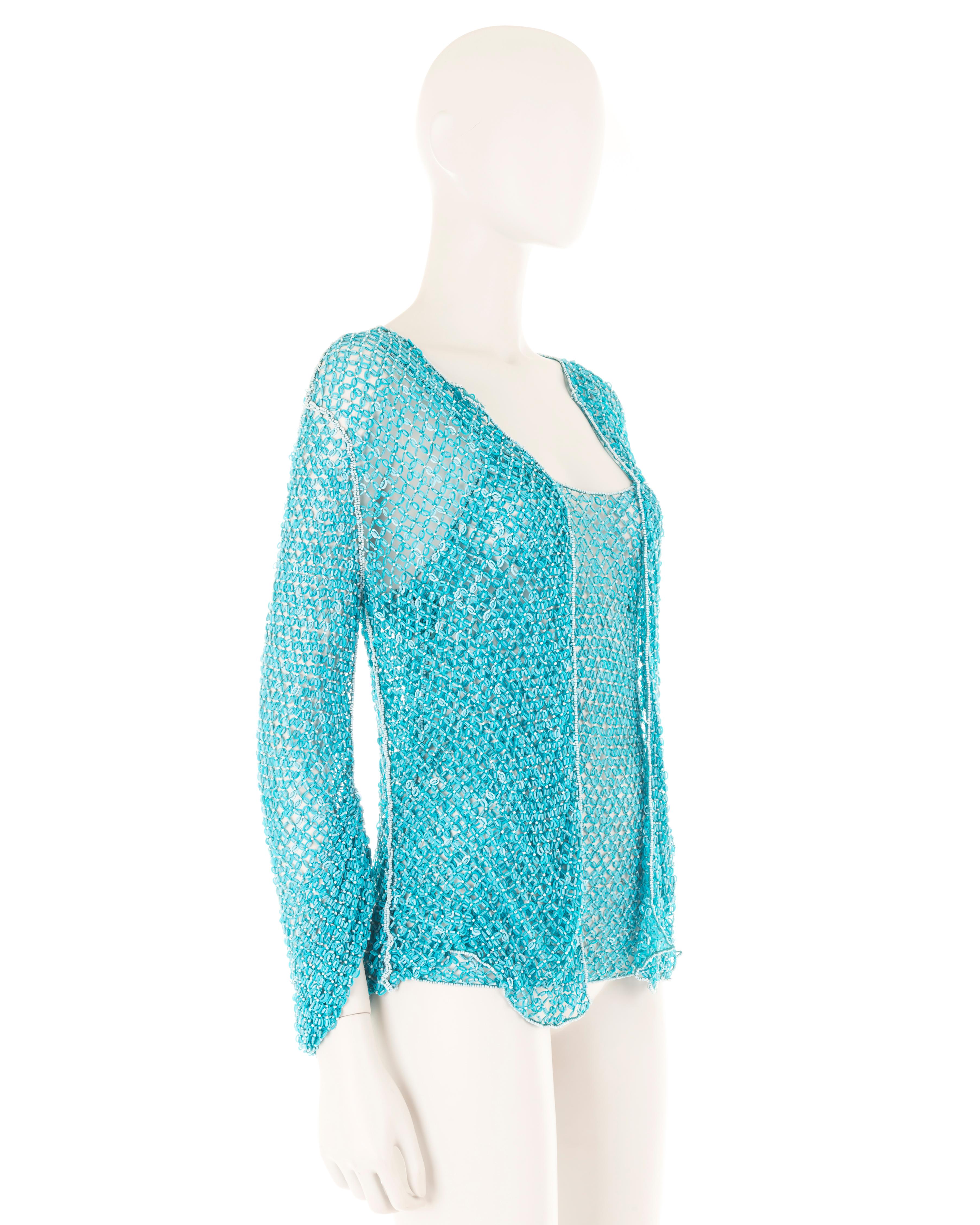 Laura Biagiotti S/S 2004 blue beaded fishnet cardigan and top set In Good Condition For Sale In Rome, IT