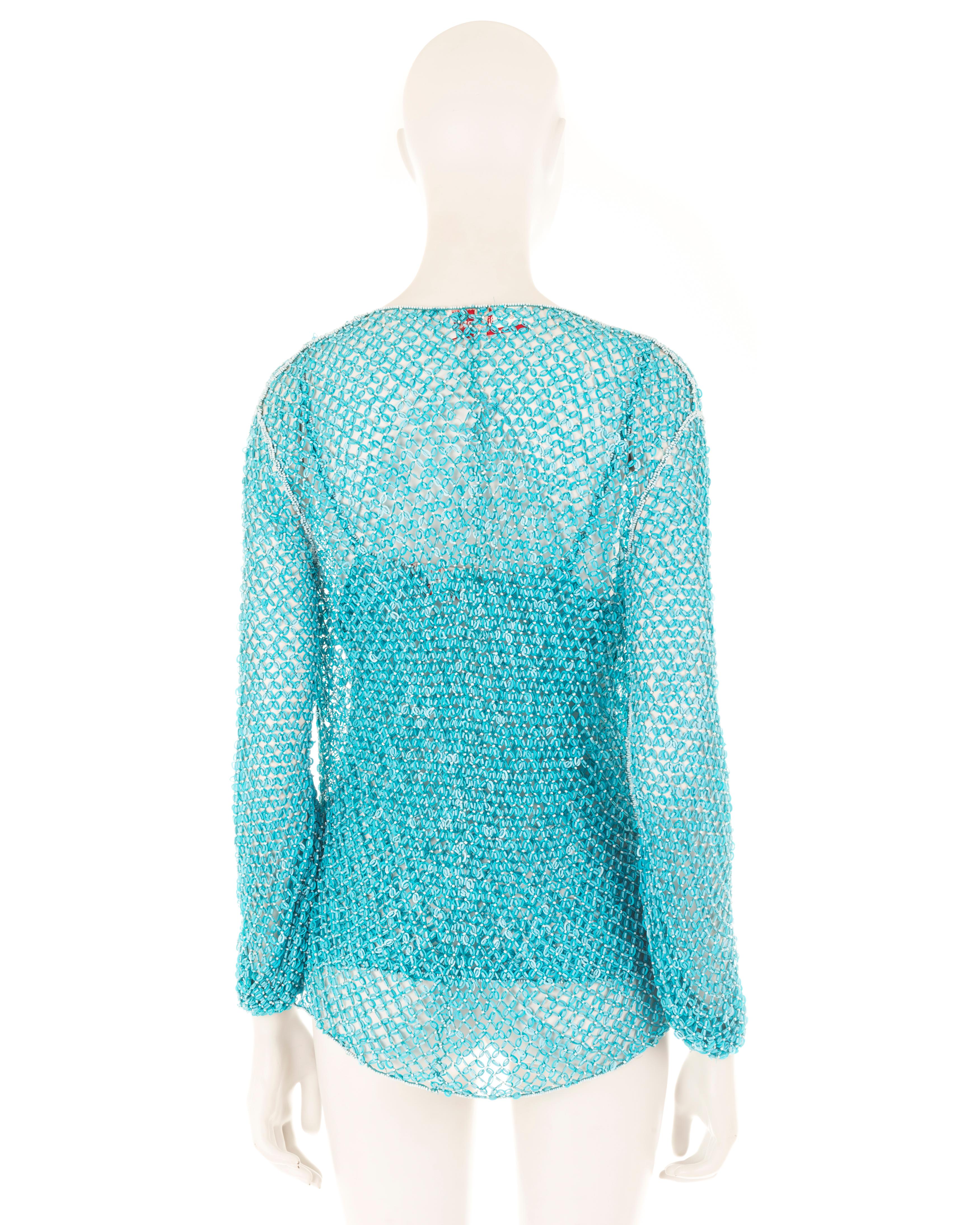 Women's or Men's Laura Biagiotti S/S 2004 blue beaded fishnet cardigan and top set For Sale