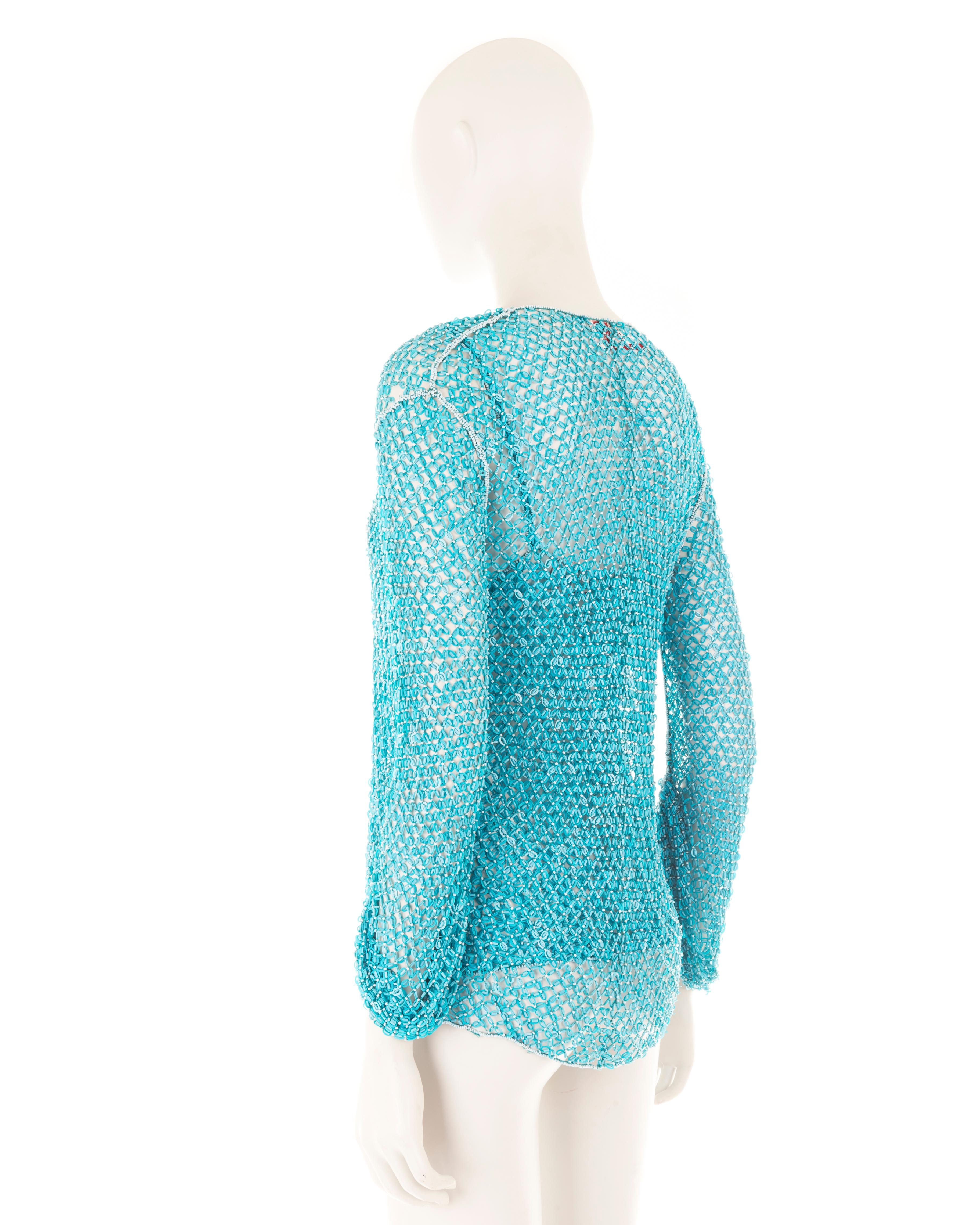 Laura Biagiotti S/S 2004 blue beaded fishnet cardigan and top set For Sale 1