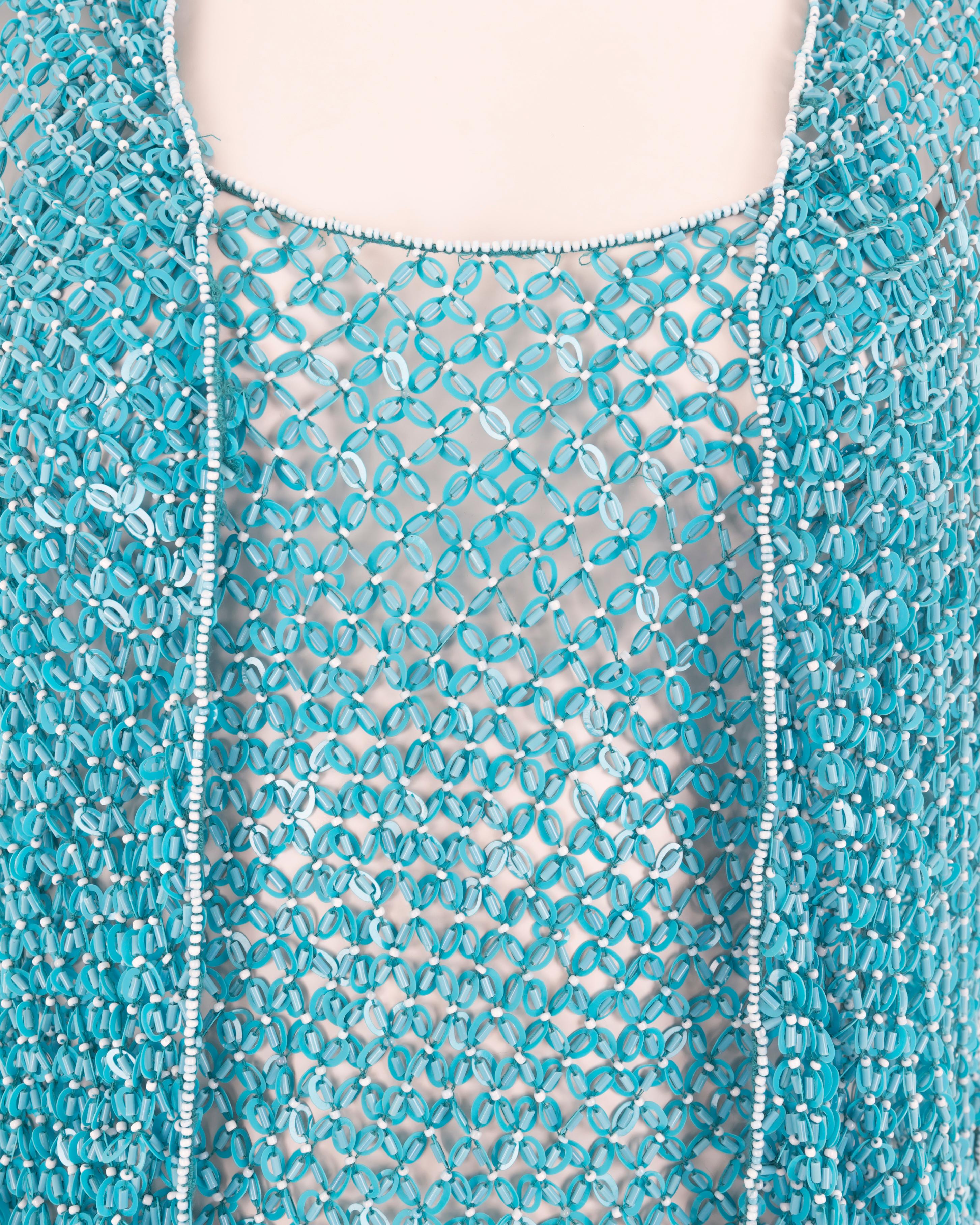 Laura Biagiotti S/S 2004 blue beaded fishnet cardigan and top set For Sale 3