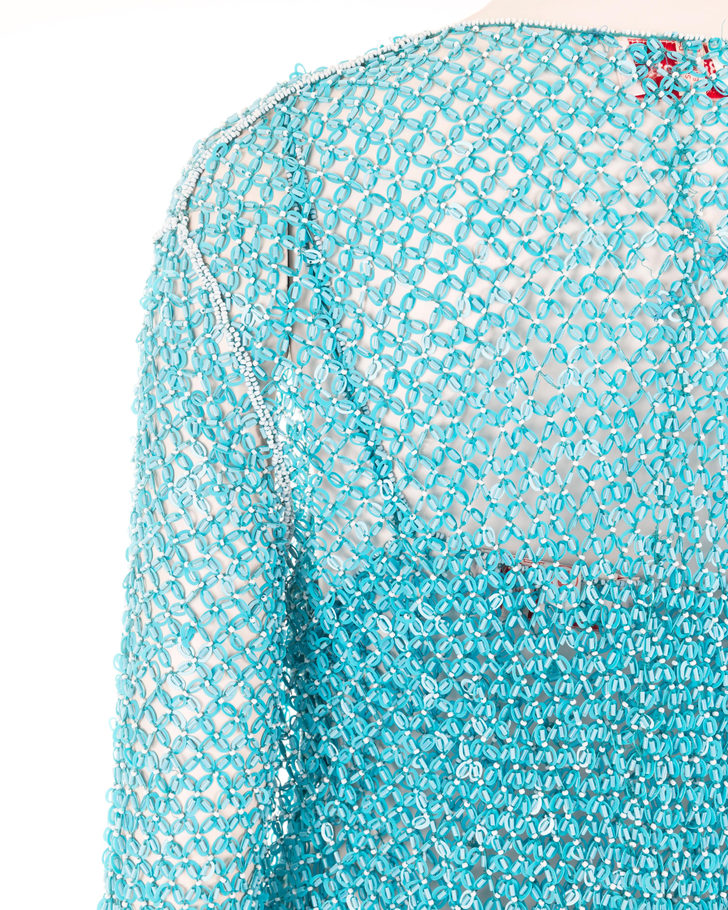 Laura Biagiotti S/S 2004 blue beaded fishnet cardigan and top set For Sale 4