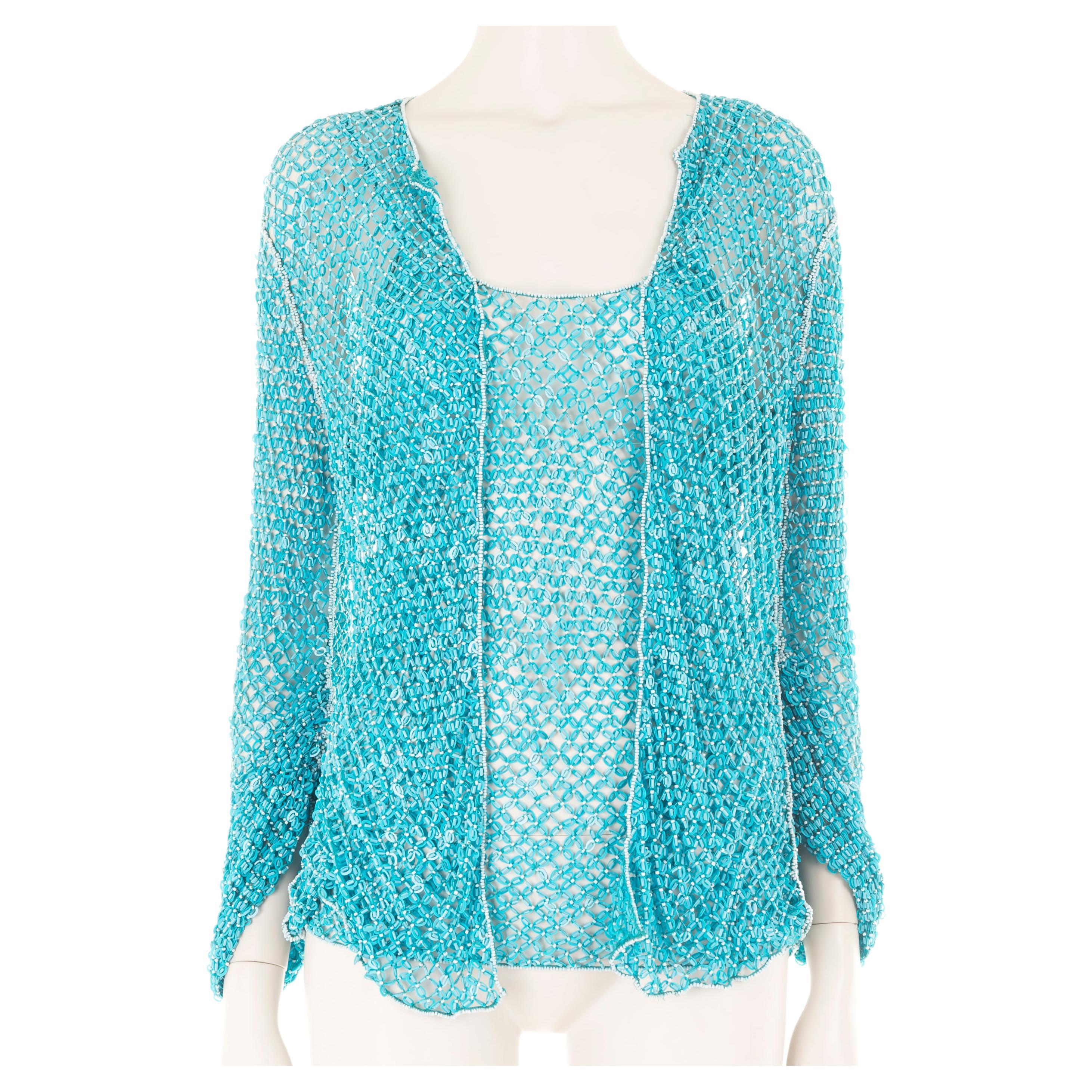 Laura Biagiotti S/S 2004 blue beaded fishnet cardigan and top set For Sale
