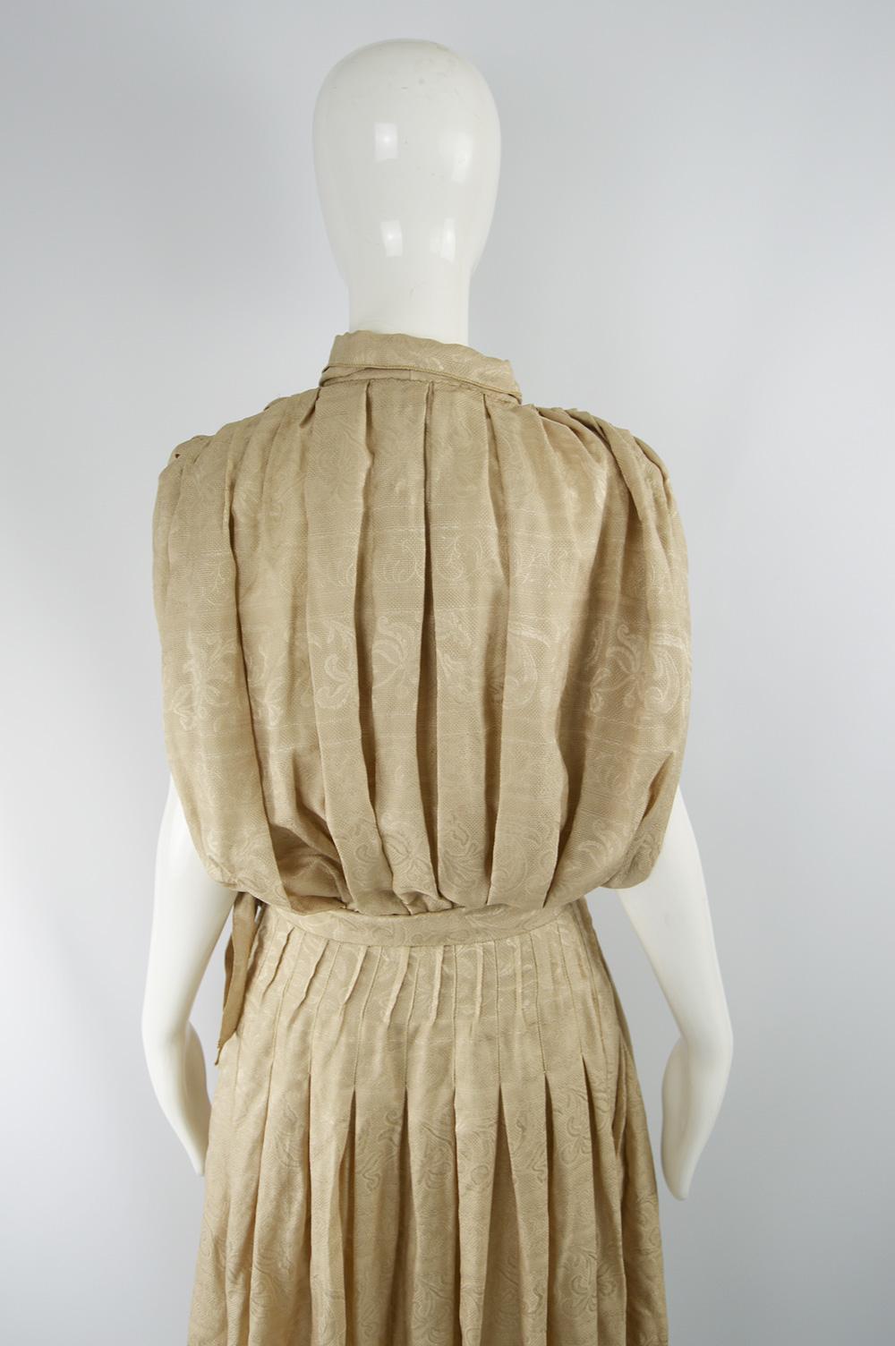 Laura Biagiotti Vintage Beige Pleated Silk Jacquard Blouson Dress, 1980s 4