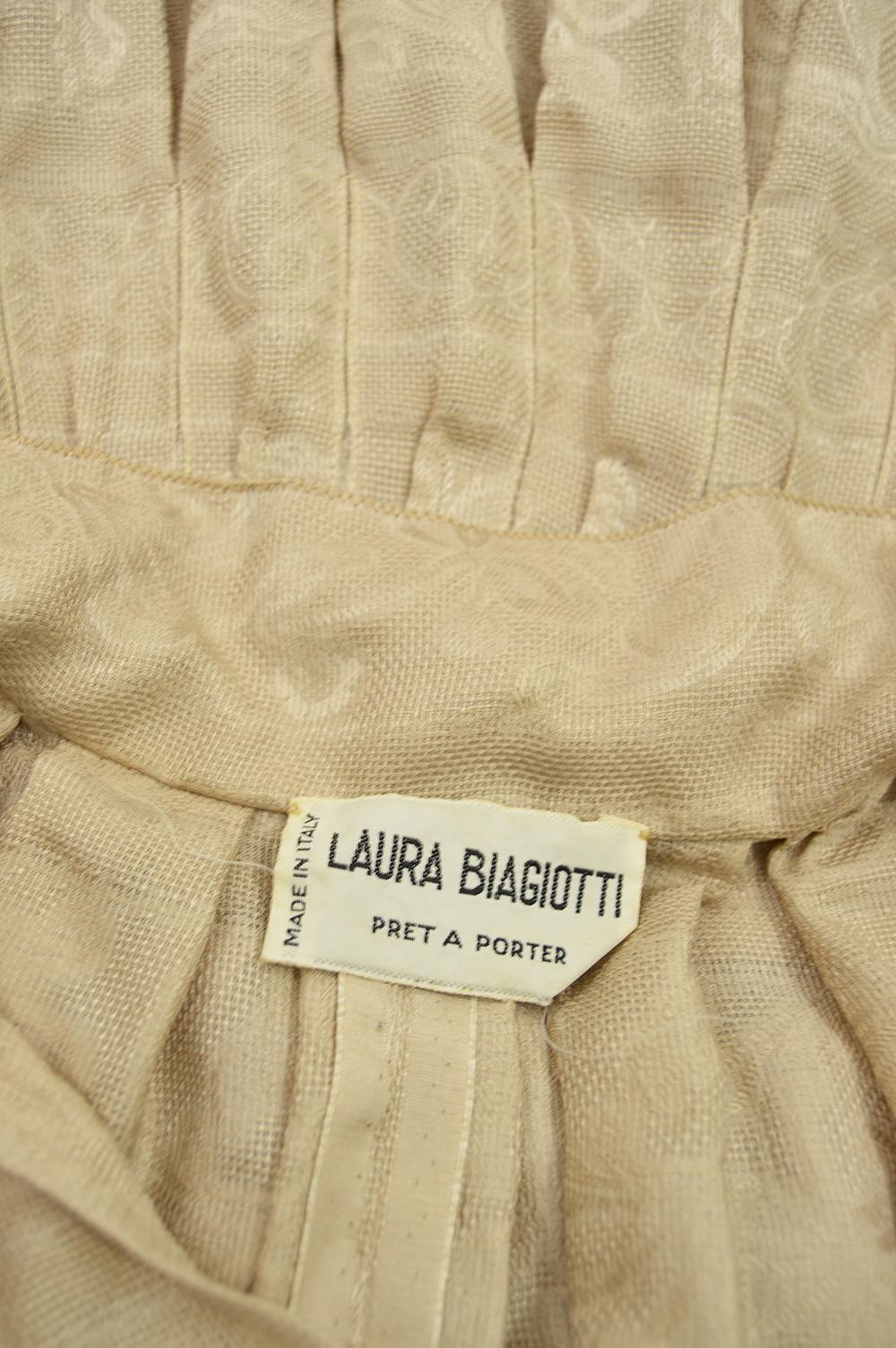 Laura Biagiotti Vintage Beige Pleated Silk Jacquard Blouson Dress, 1980s 5