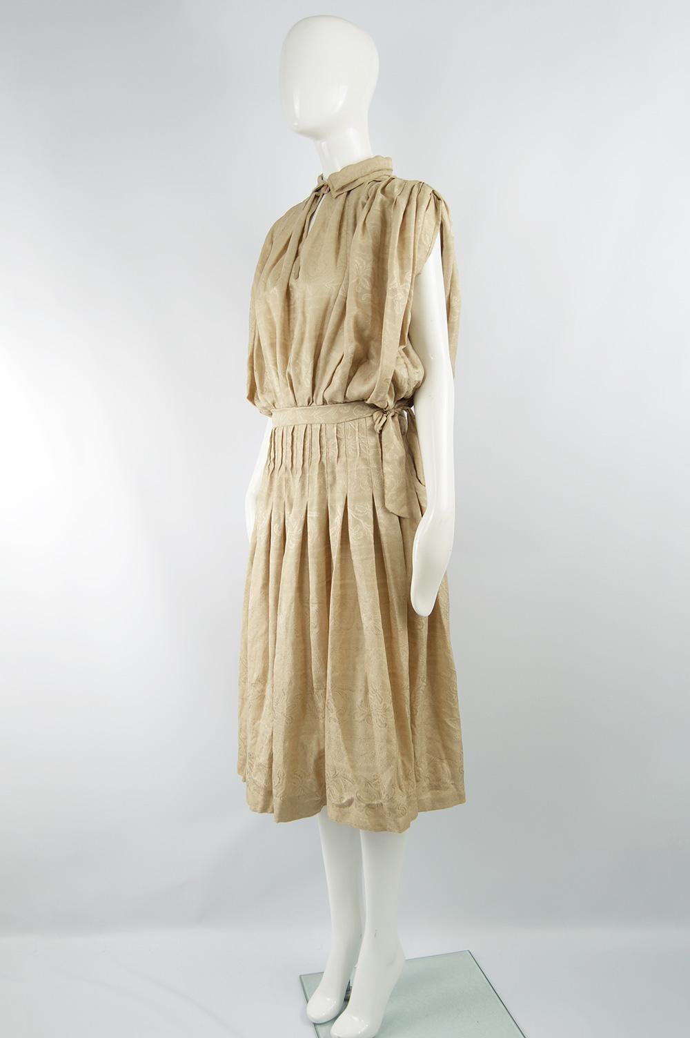 Women's Laura Biagiotti Vintage Beige Pleated Silk Jacquard Blouson Dress, 1980s