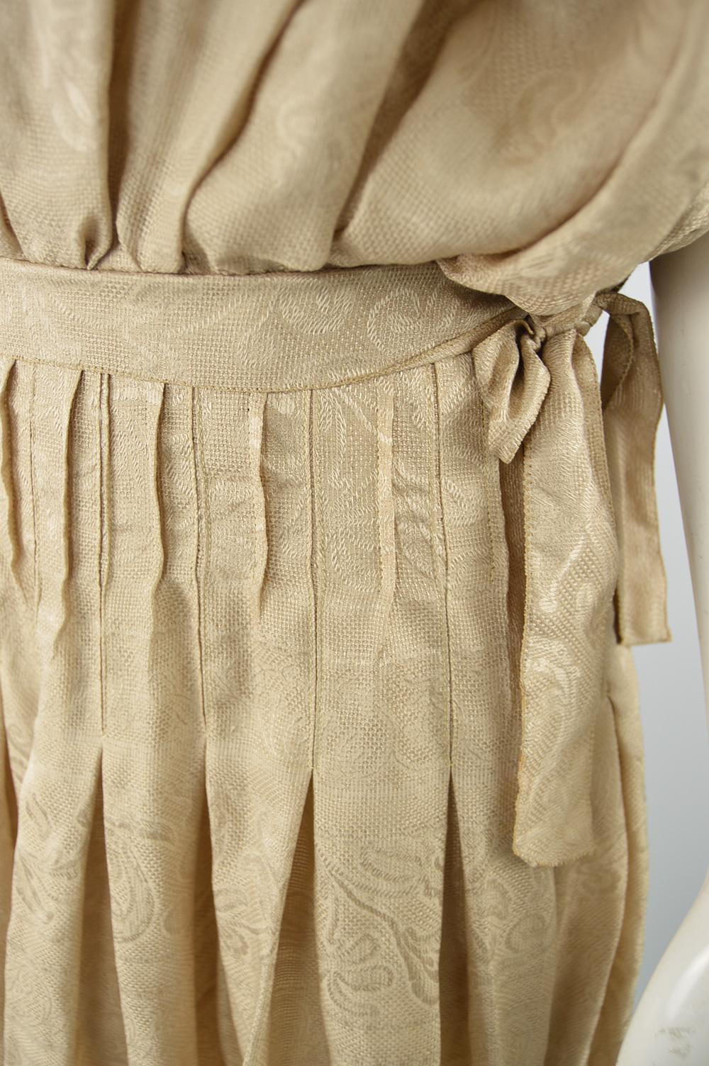 Laura Biagiotti Vintage Beige Pleated Silk Jacquard Blouson Dress, 1980s 1