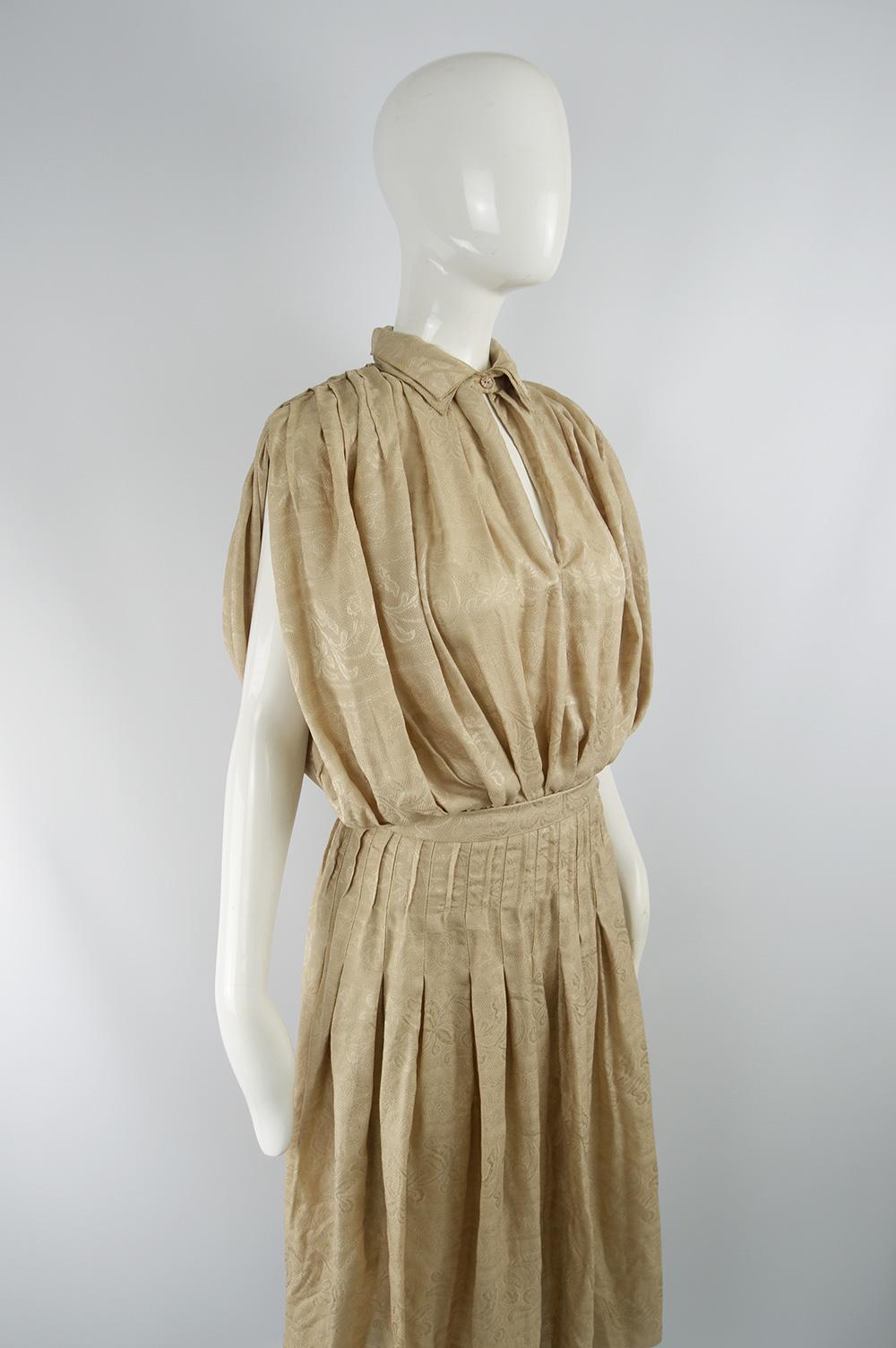 Laura Biagiotti Vintage Beige Pleated Silk Jacquard Blouson Dress, 1980s 2