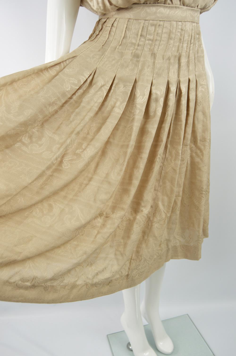 Laura Biagiotti Vintage Beige Pleated Silk Jacquard Blouson Dress, 1980s 3